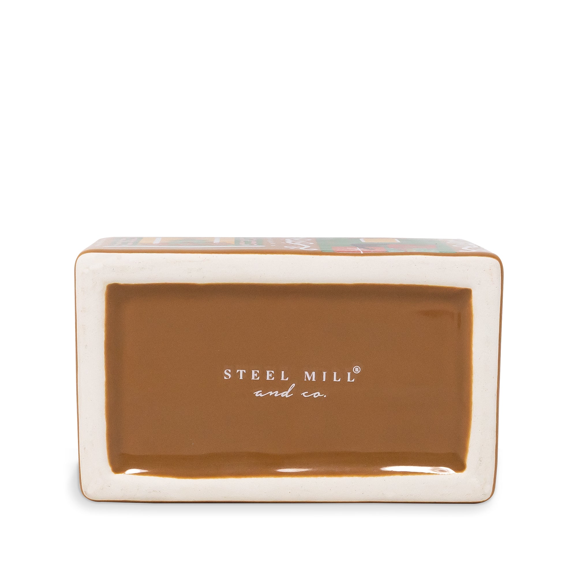 A rectangular ceramic tin or box with a glossy brown interior and a cream-colored outer rim, featuring the brand name 'STEEL MILL and co.' printed in white on the inside.