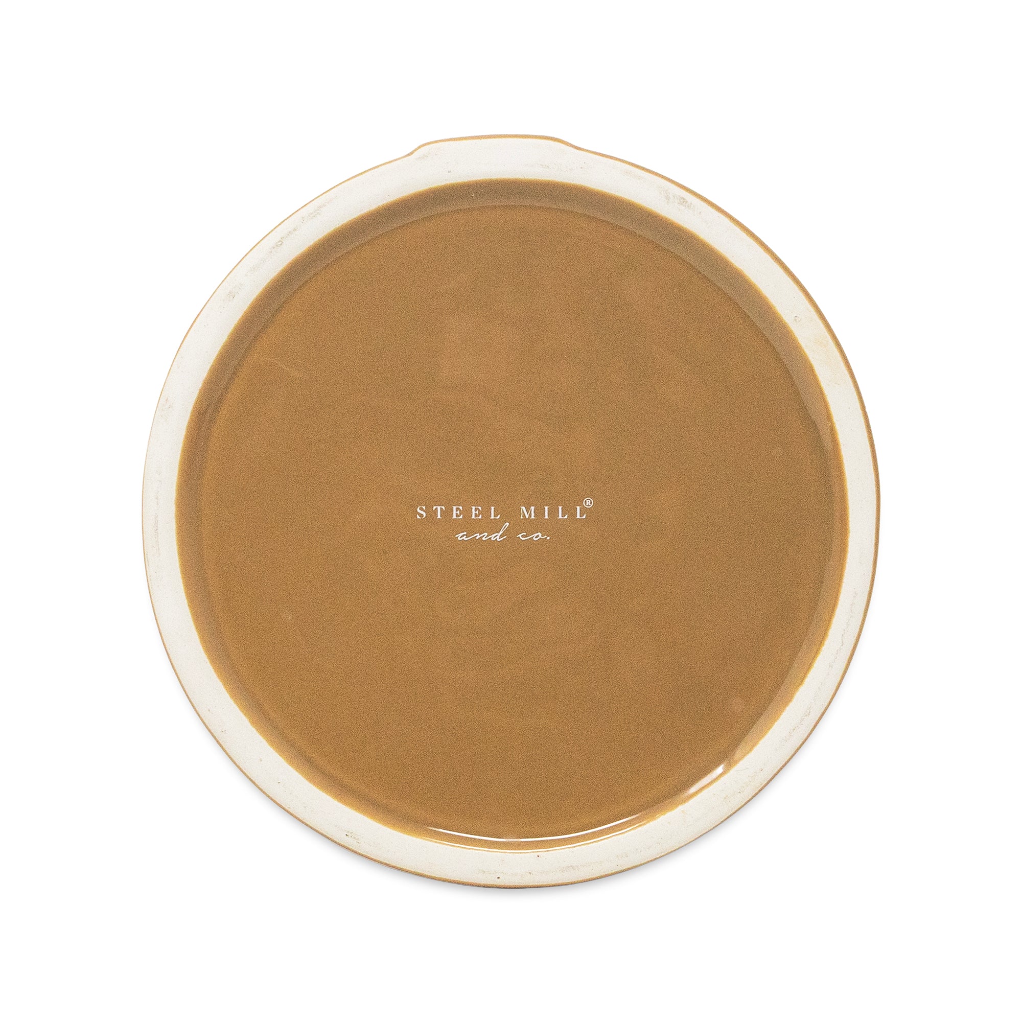 A round botttom with a glossy warm brown glazed center and a contrasting off-white rim, featuring the brand name 'STEEL MILL and co.' printed in the center, shot from a top-down angle on a white background.