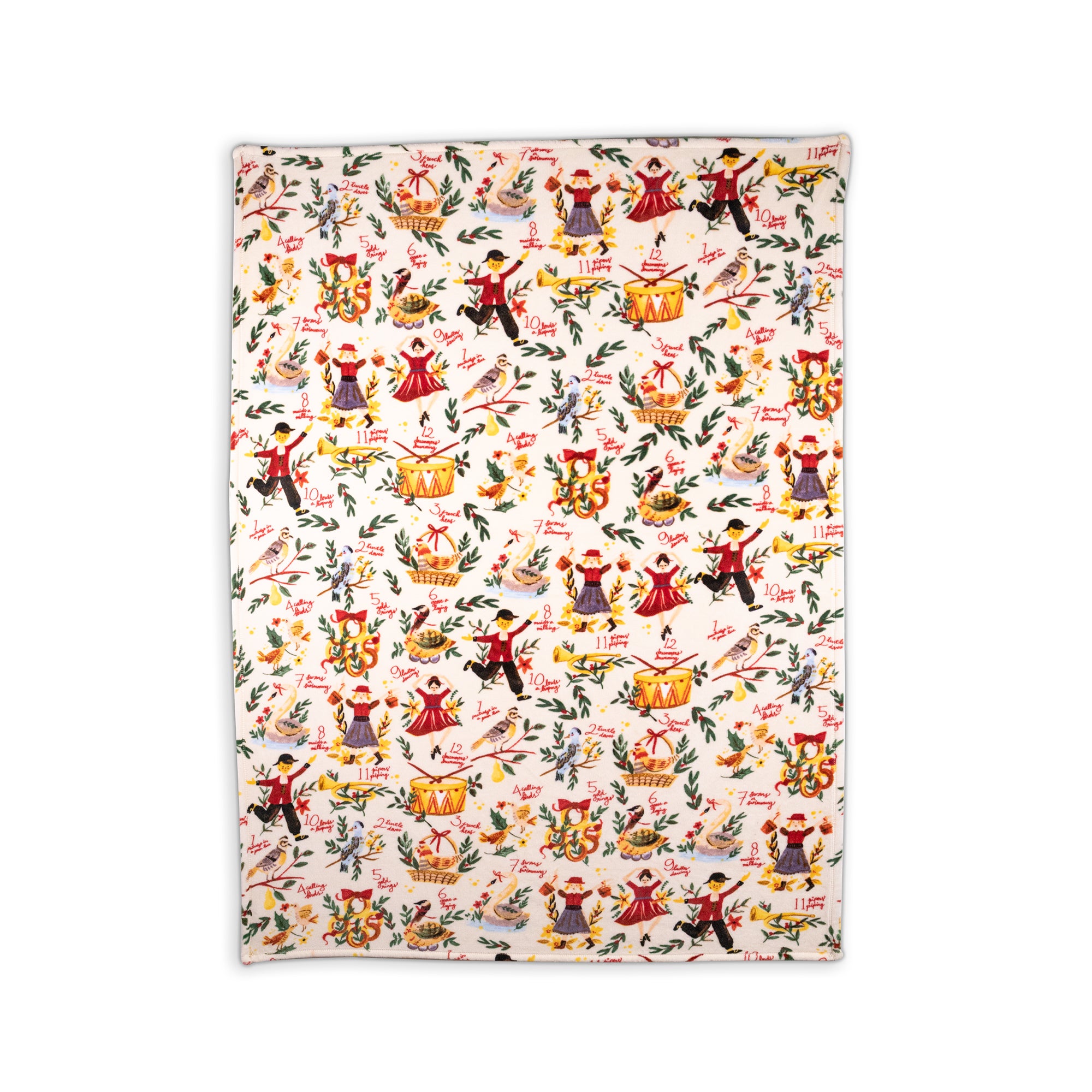 A rectangular blanket featuring a repeating vintage 12 days of Christmas print on a cream background.