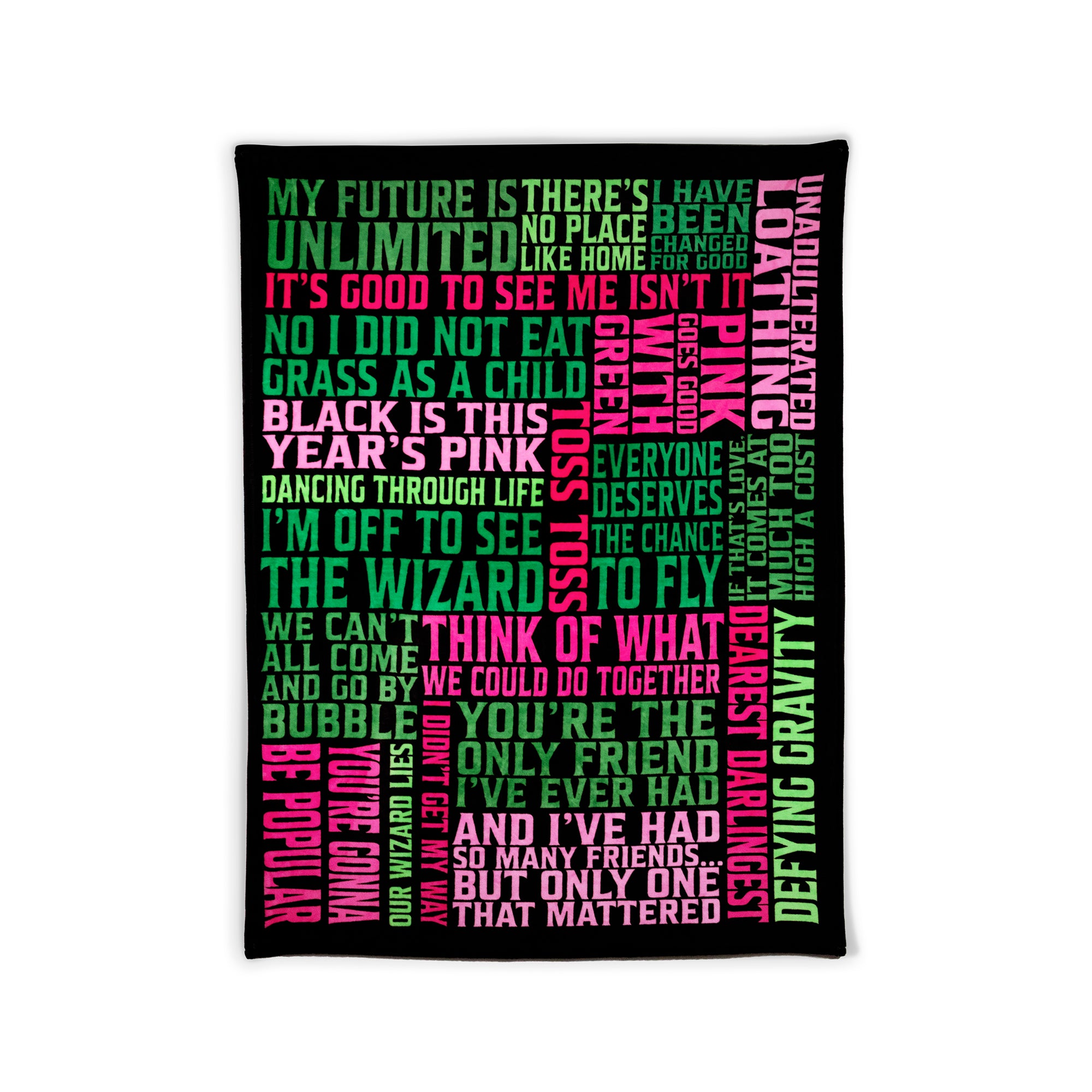 A square black throw blanket featuring a vibrant typographic design with various positive affirmations and motivational phrases printed in neon green, hot pink, and white, displayed against a clean white background.