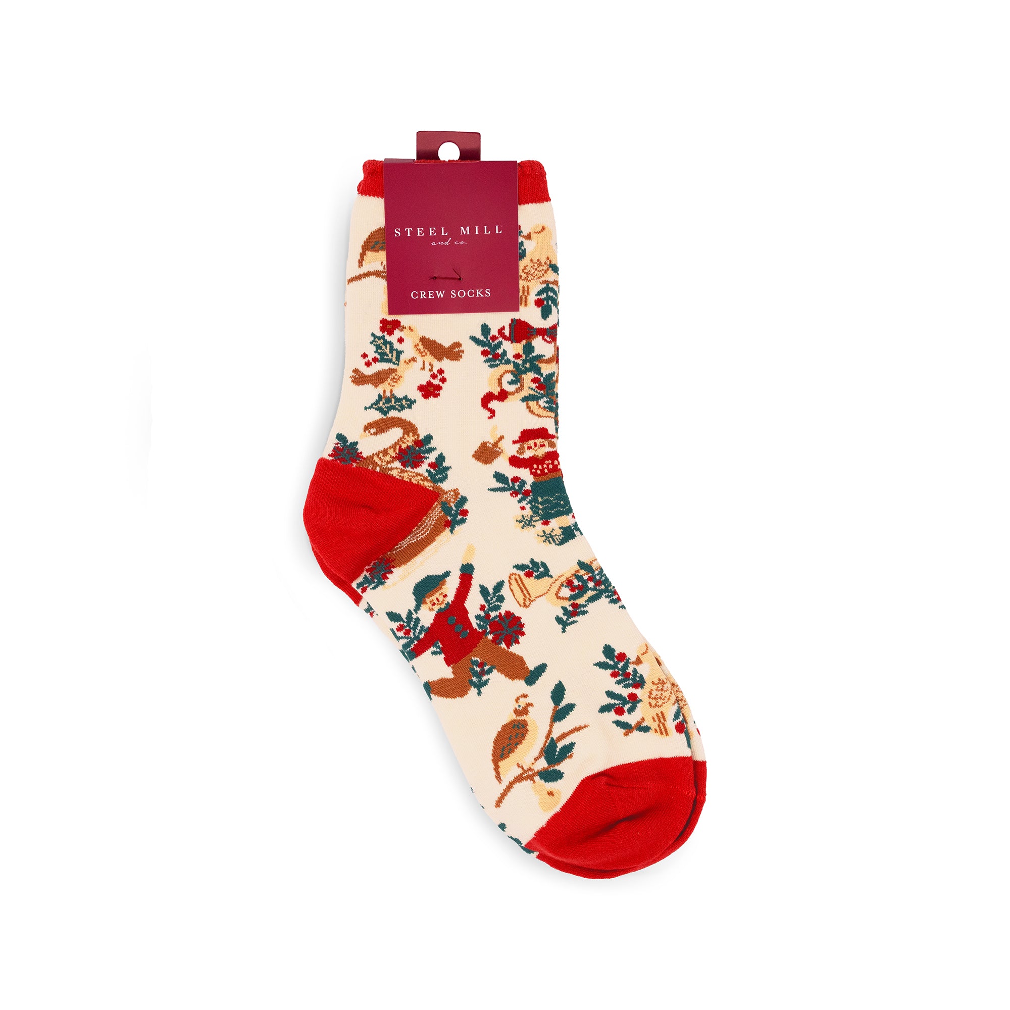 A single crew sock with a festive Christmas print on a cream background, featuring red heels, toes, and cuff, with a dark red hang tag that reads 'STEEL MILL CREW SOCKS'.