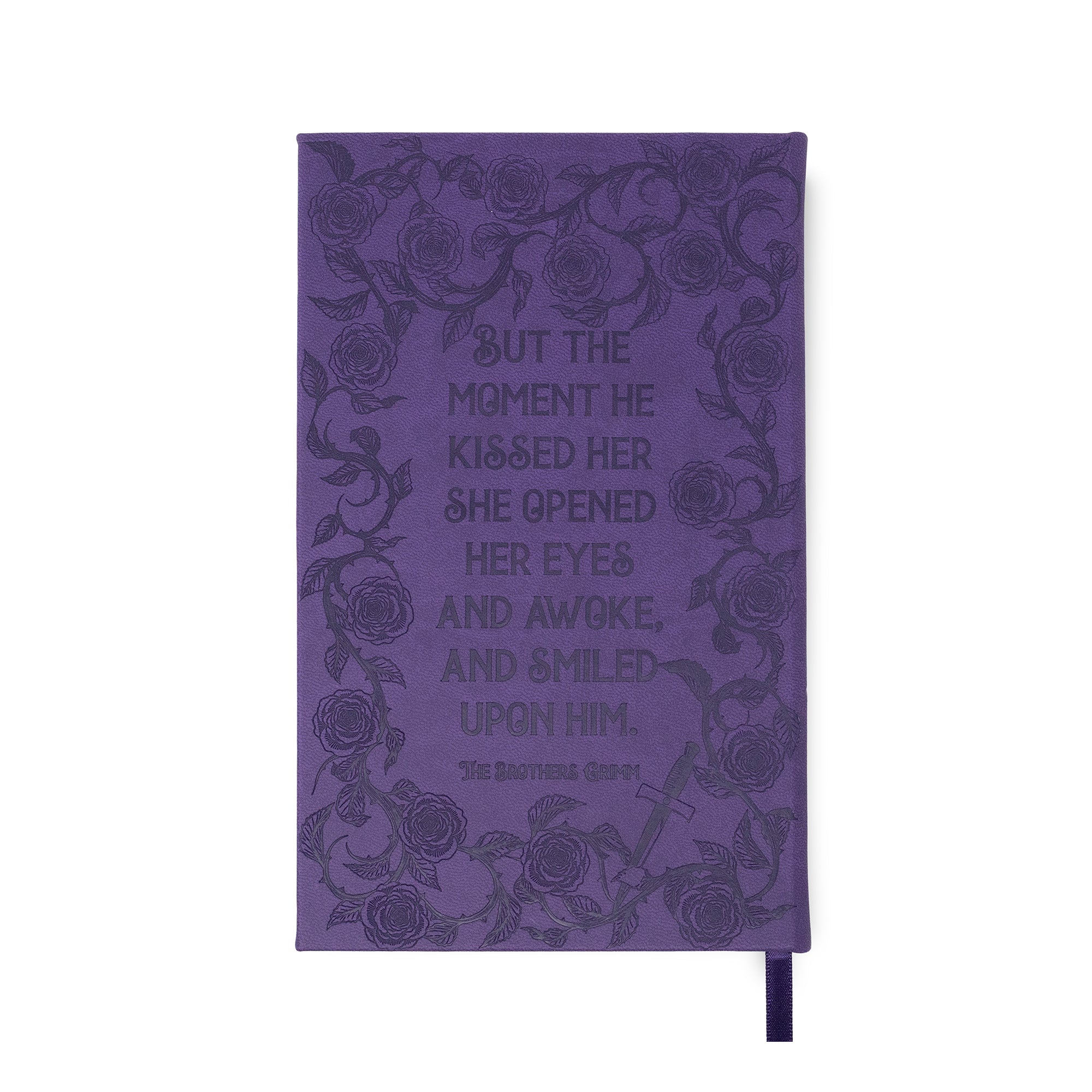 Purple notebook with floral design and text on a white background