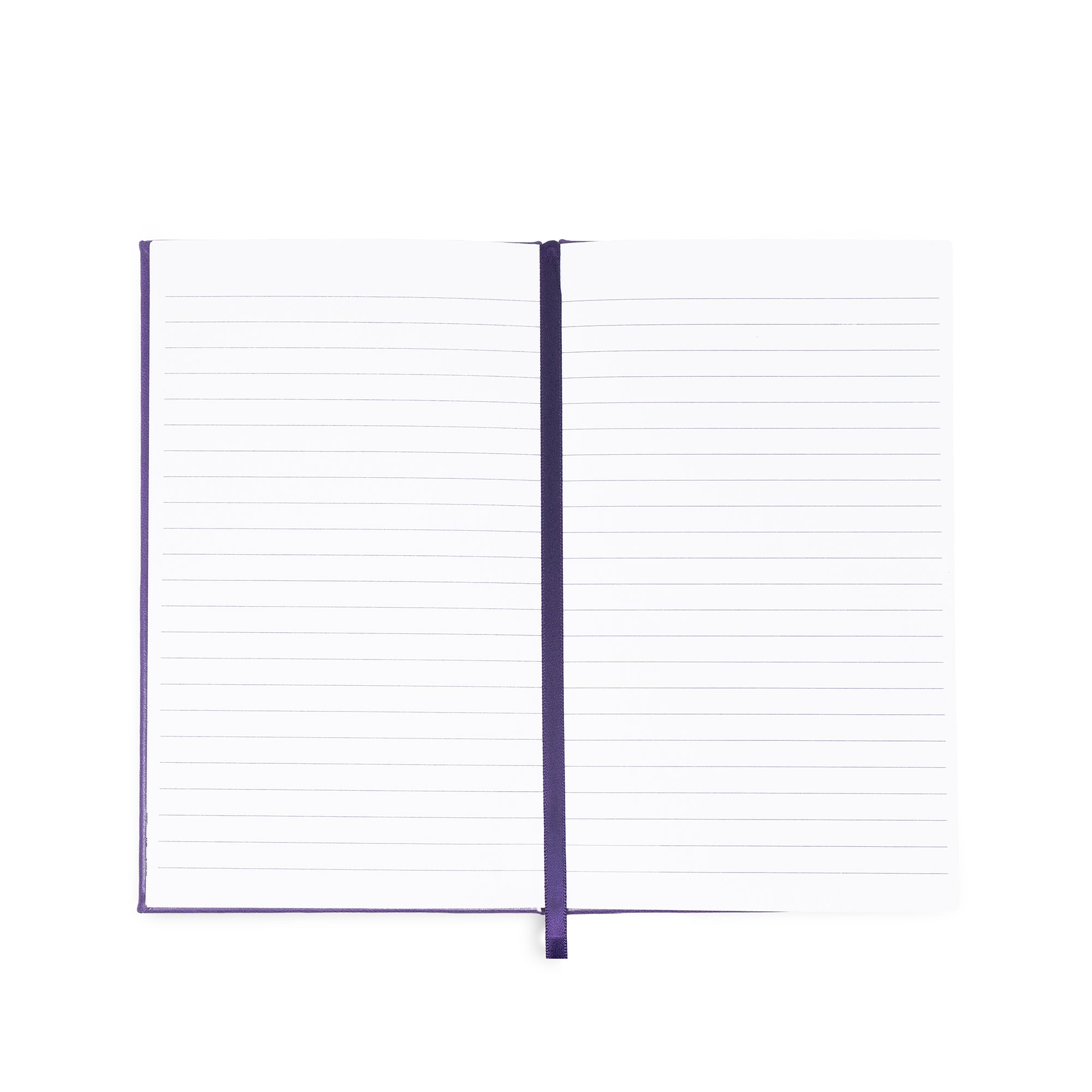 Notebook with lined pages and purple binding on a white background