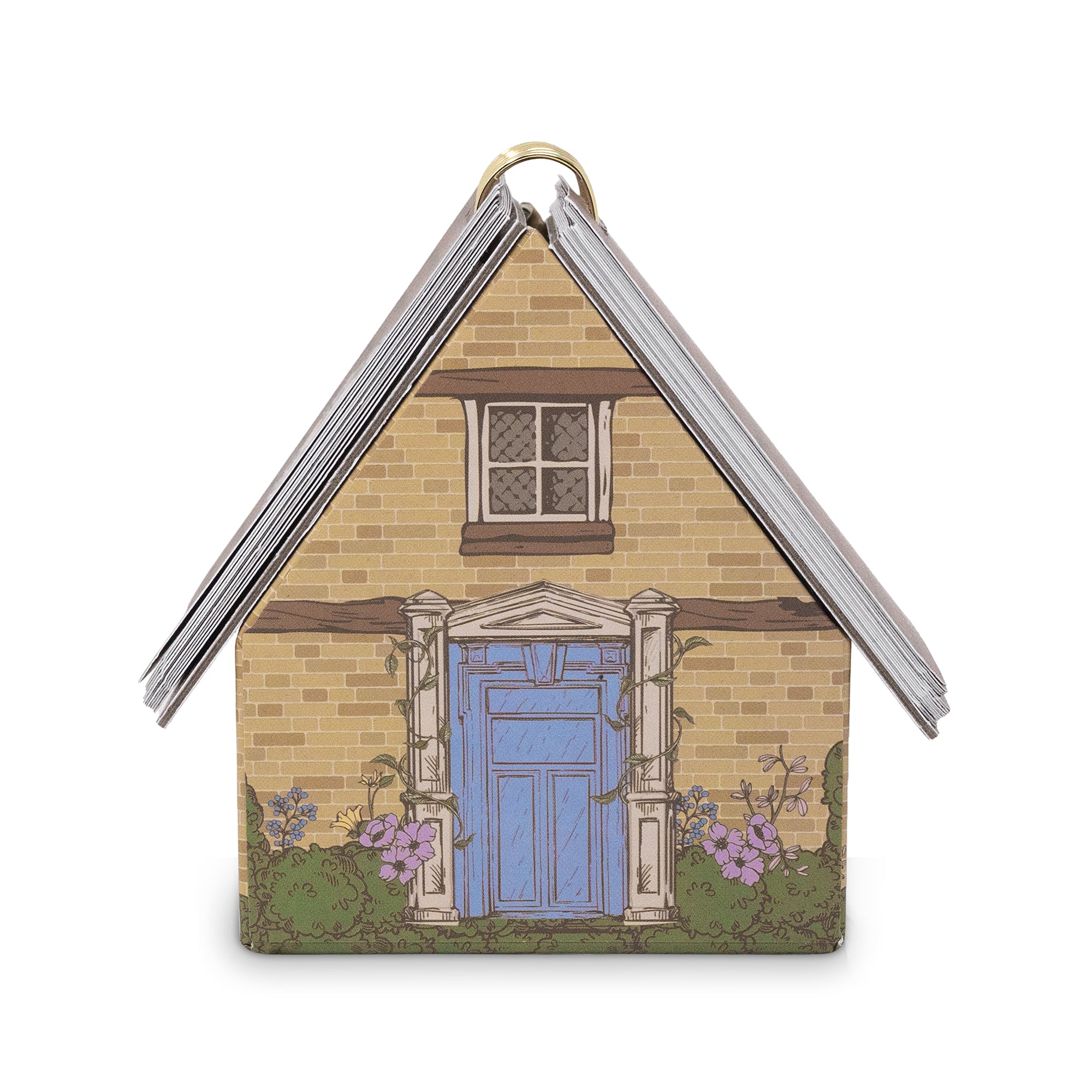 front view of House-shaped spiral-bound quote deck with decorative cover on a white background