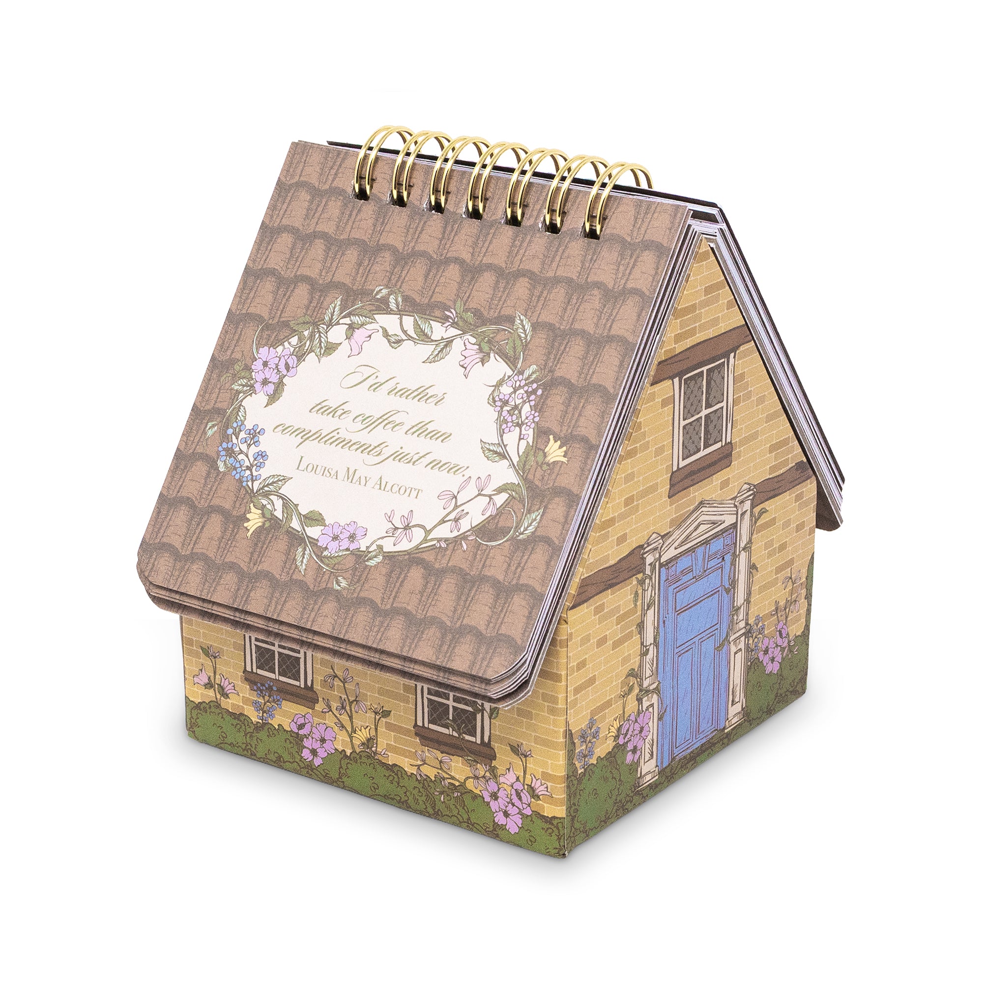 House-shaped spiral-bound quote deck with decorative cover on a white background