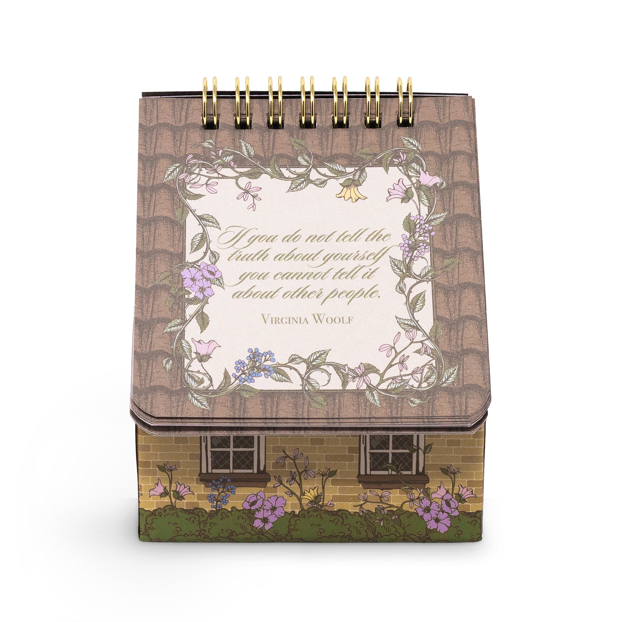 side view of House-shaped spiral-bound quote deck with decorative cover on a white background
