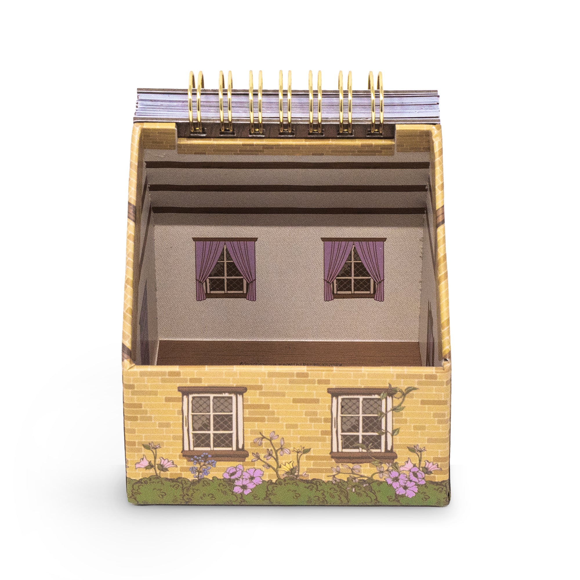 House-shaped spiral-bound quote deck with decorative cover on a white background