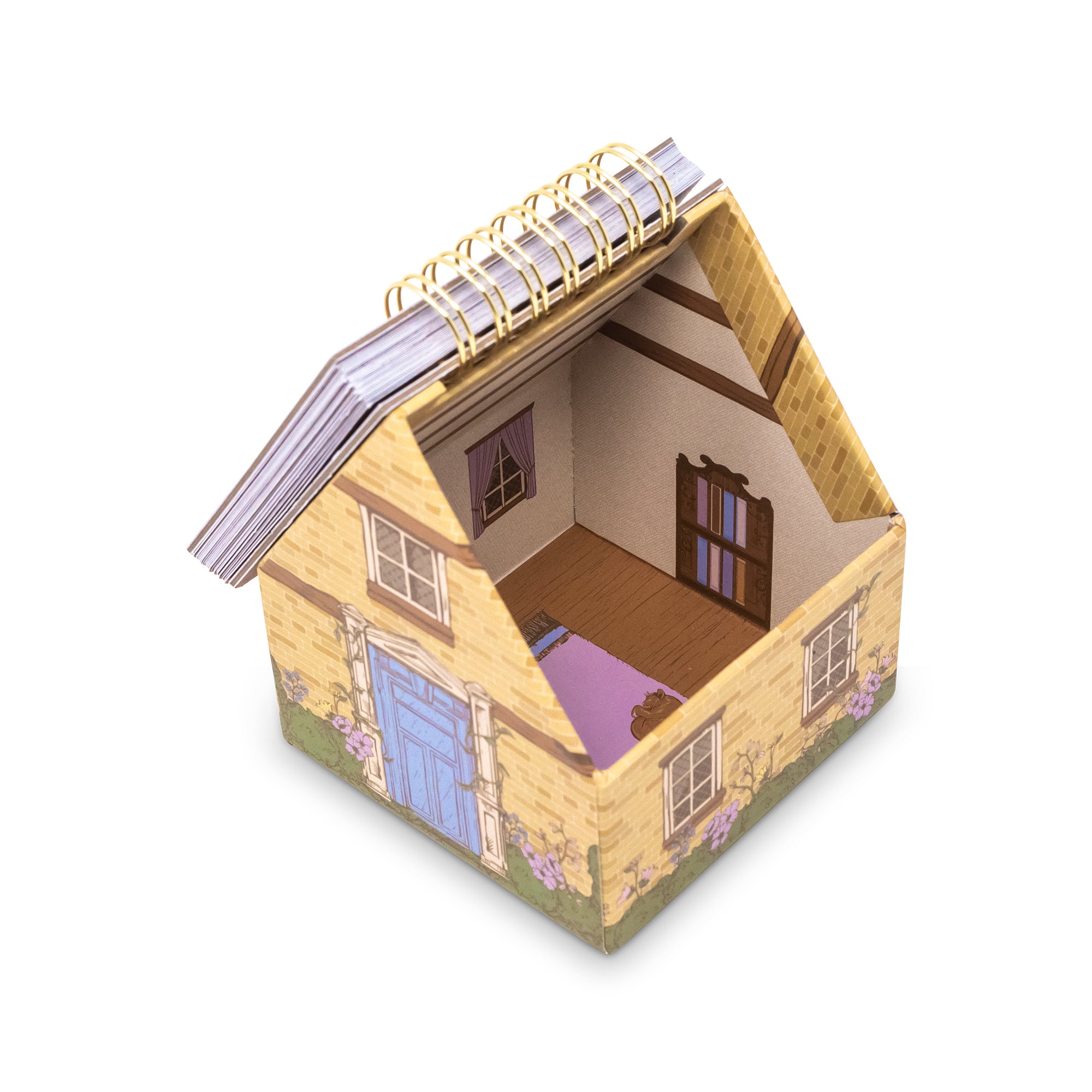 interior of House-shaped spiral-bound quote deck with decorative cover on a white background