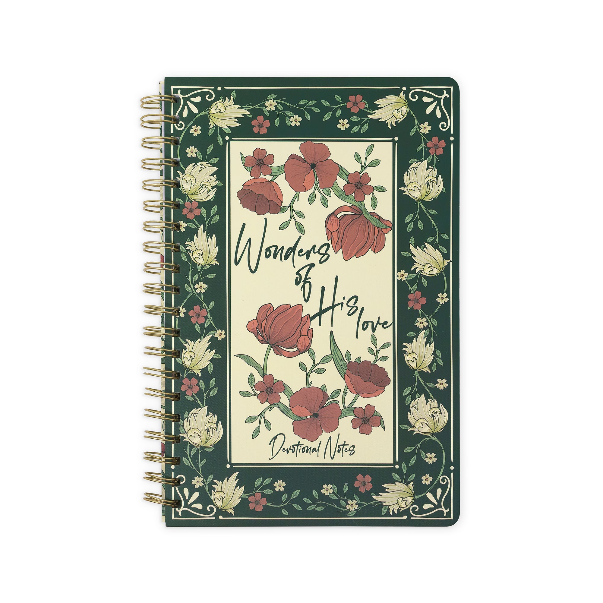 A spiral-bound notebook with a dark green cover decorated with a cream floral border and a central cream panel featuring red flowers and the words 'Wonders of His Love' and 'Devotional Notes'.