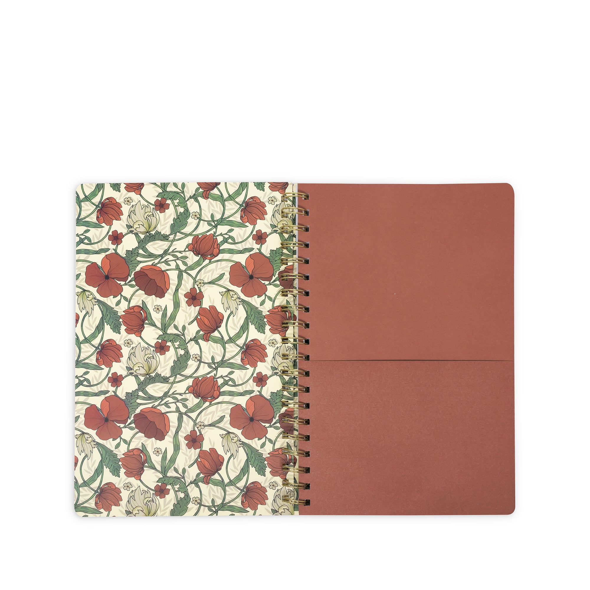 An open spiral notebook with a floral-patterned cover on the left and a solid dusty rose page on the right, photographed on a clean white background.