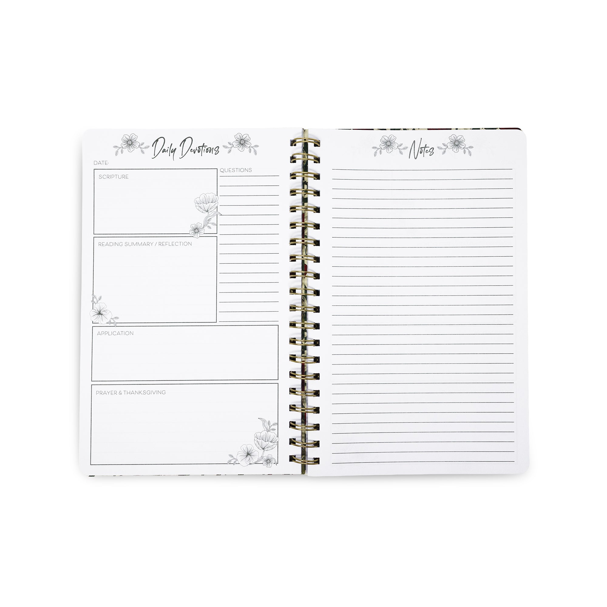 An open spiral-bound planner or notebook showing two printed pages: a 'Daily Planning' page with boxes for date, subject, questions, and reflection, and a 'Notes' page with lined writing space and floral illustrations. The product is photographed on a clean white background.
