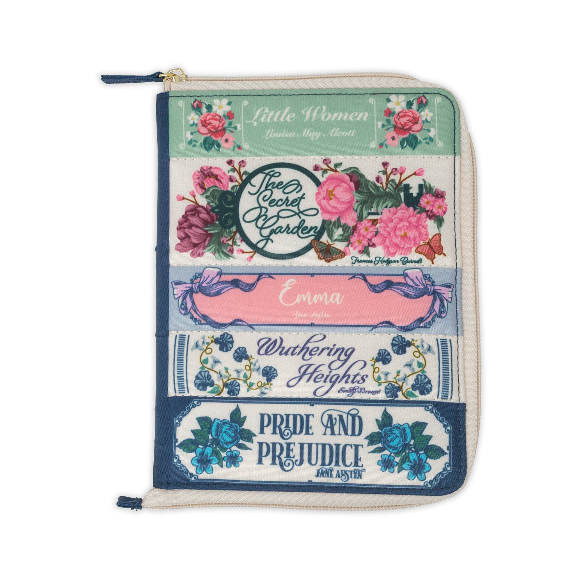 e-reader folio with stacked classical book titles