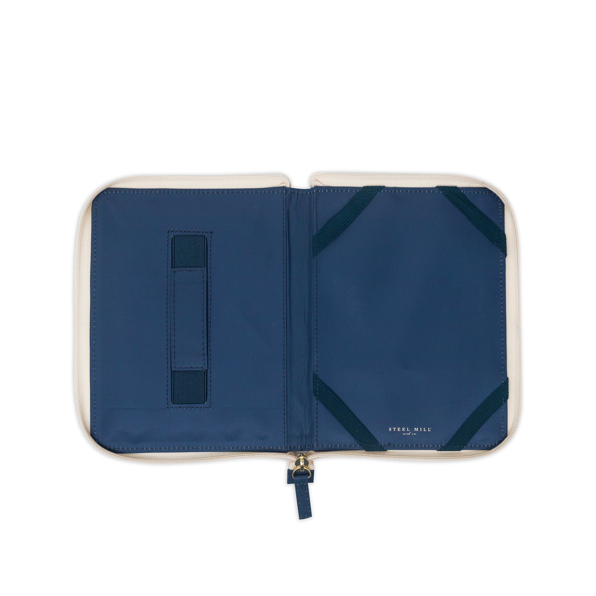 Blue and beige zippered pouch on a white background