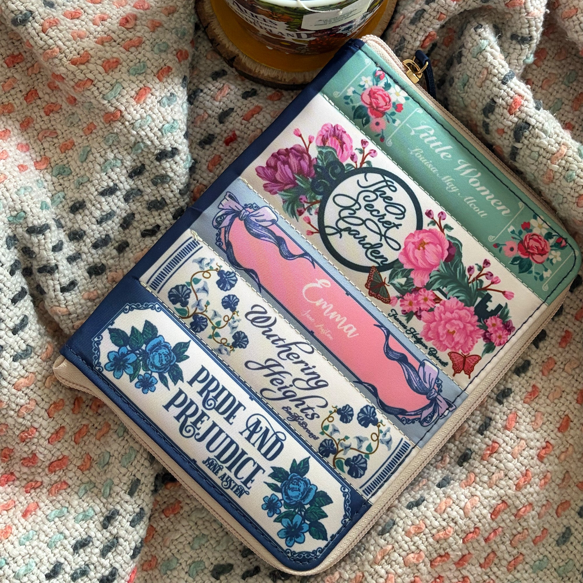 e-reader folio with stacked classical book titles