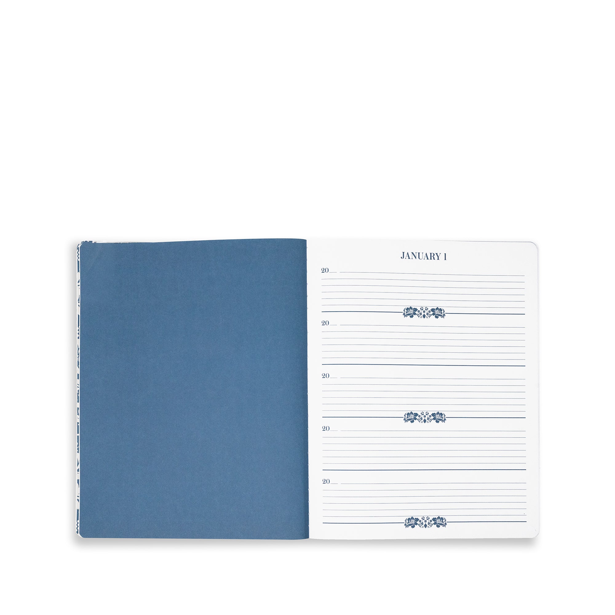 Open planner showing a blue cover and white interior with January calendar.