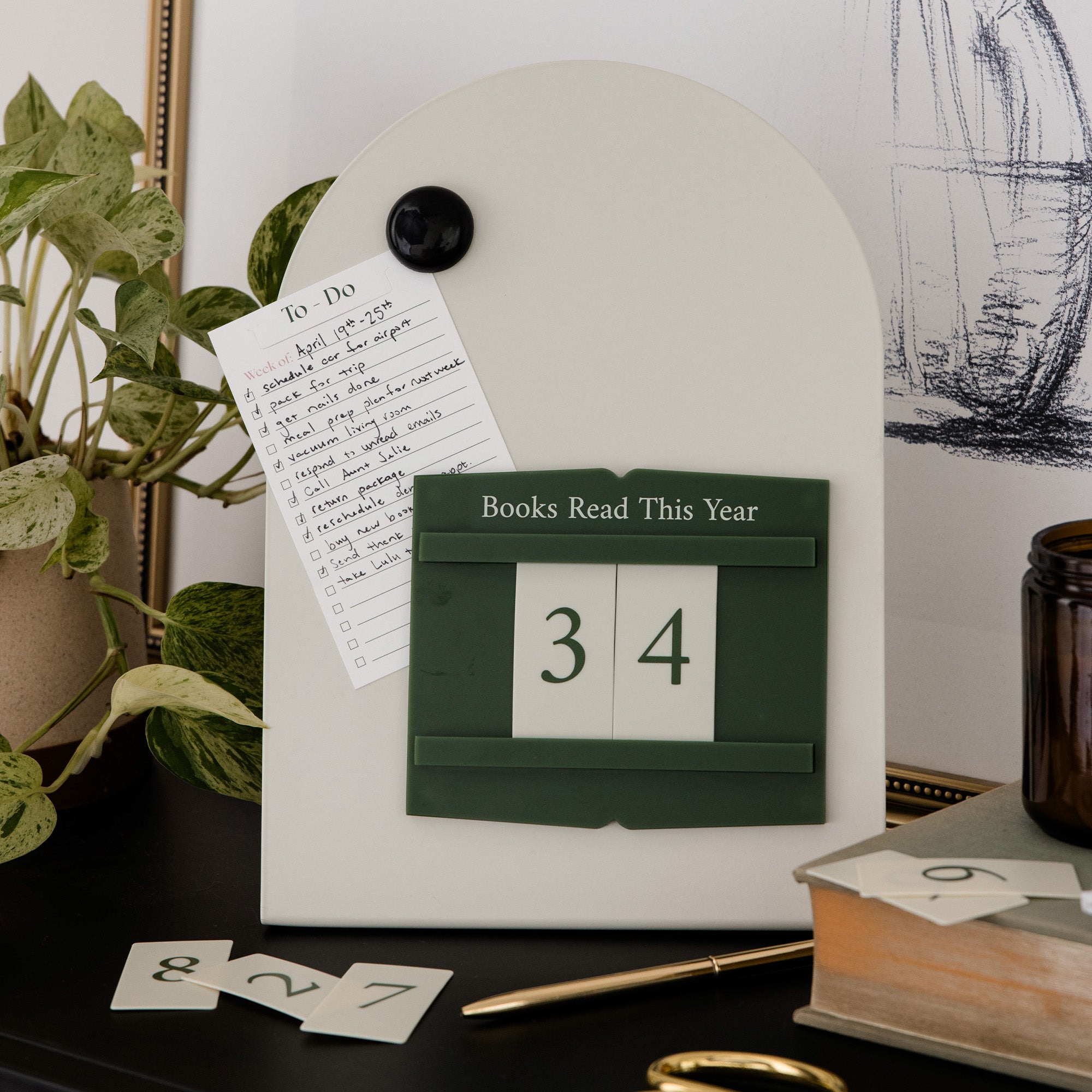 green book tracker magnet with interchangeable numbers on a magnetic board