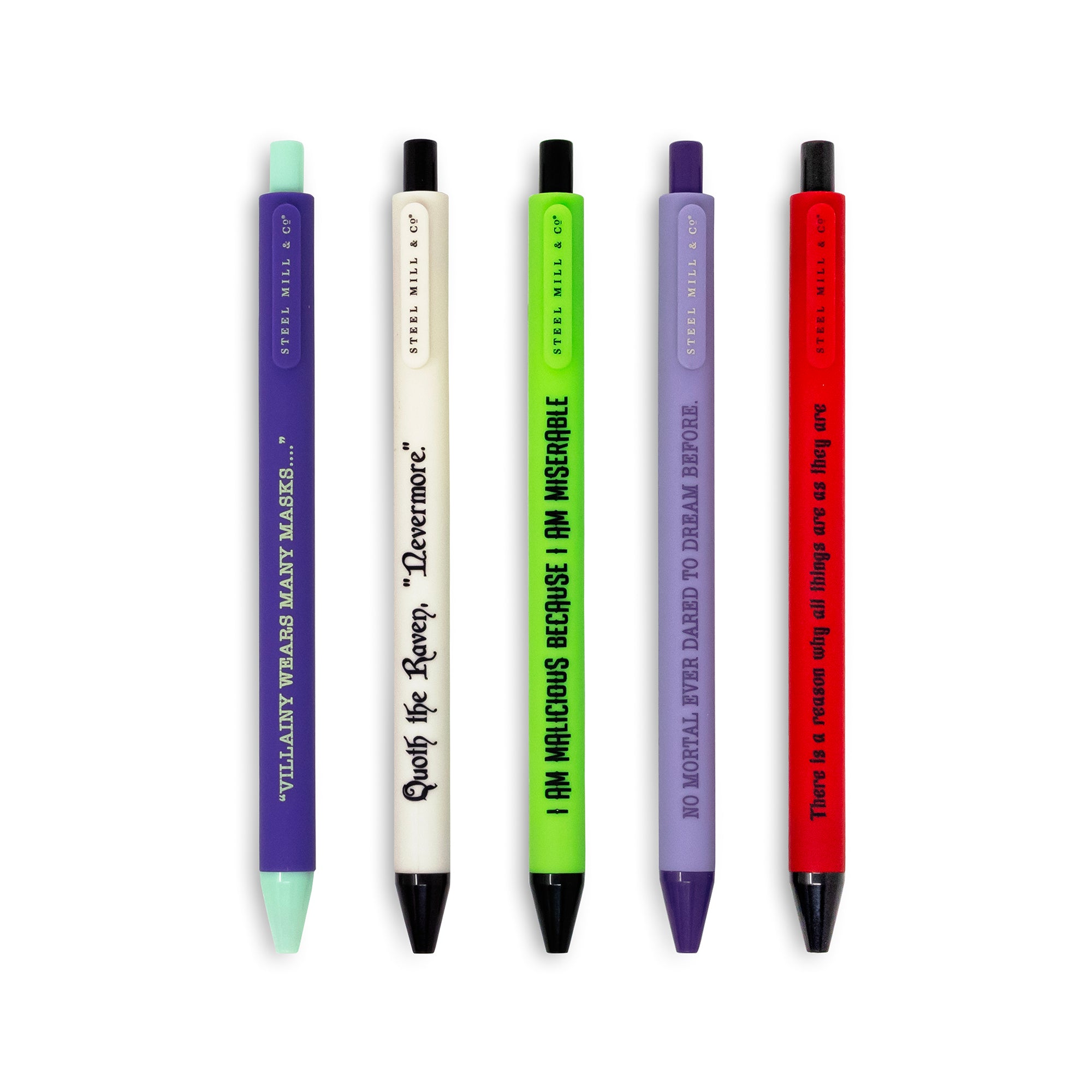 Five Steel Will Co. mechanical pencils in different colors (purple, cream, lime green, lavender, and red) lined up horizontally on a white background.