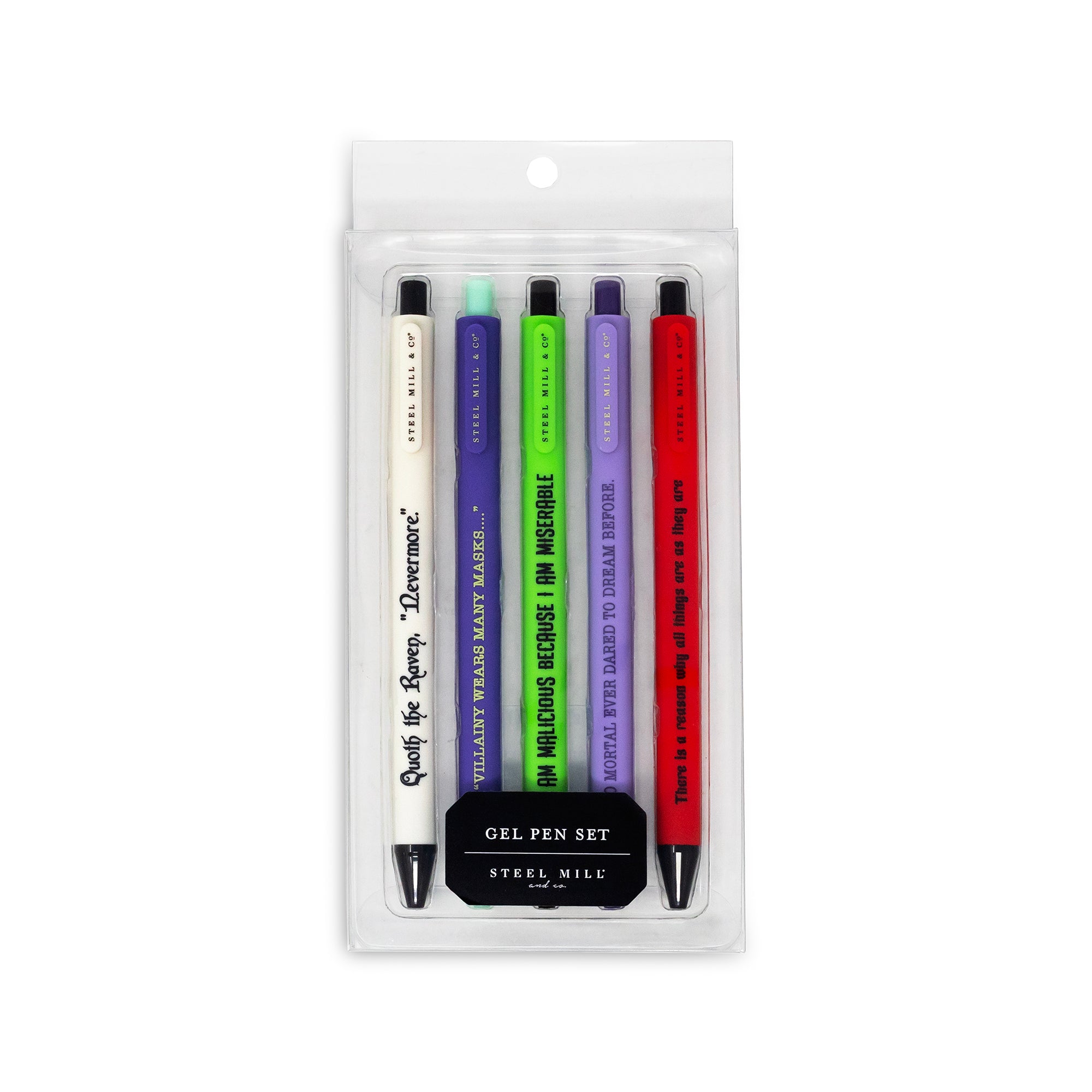 A 5-pack gel pen set in a clear plastic blister pack with a black label at the bottom. The pens are white, purple, green, lavender, and red, each printed with a quote and the brand name 'Steel Mel' in black.
