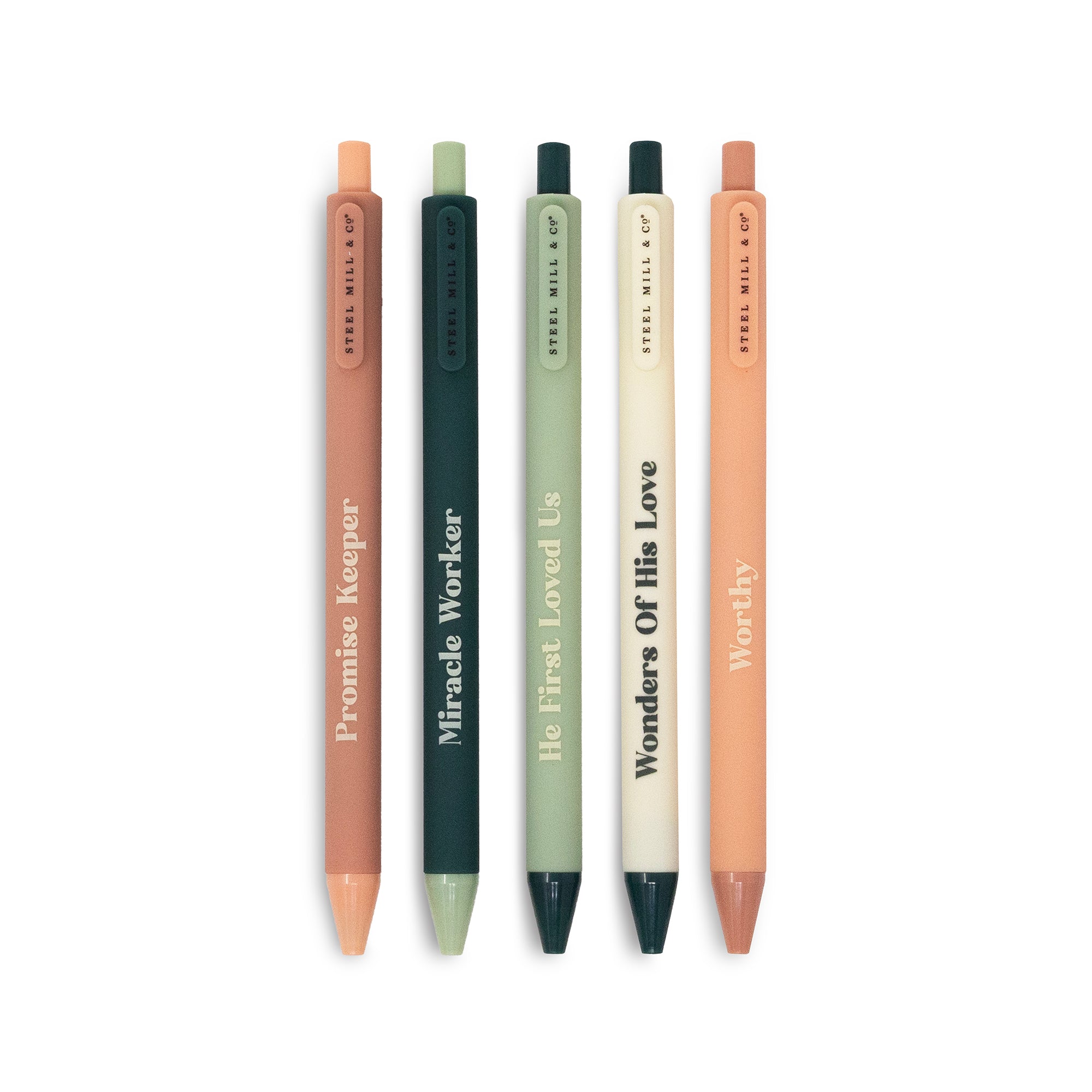 Five ballpoint pens in different neutral shades, arranged vertically on a plain white background. Each pen features a distinct color and a printed quote on the barrel, including 'Promise Keeper', 'Miracle Worker', 'He First Loved Us', 'Wonders Of His Love', and 'Worthy'.