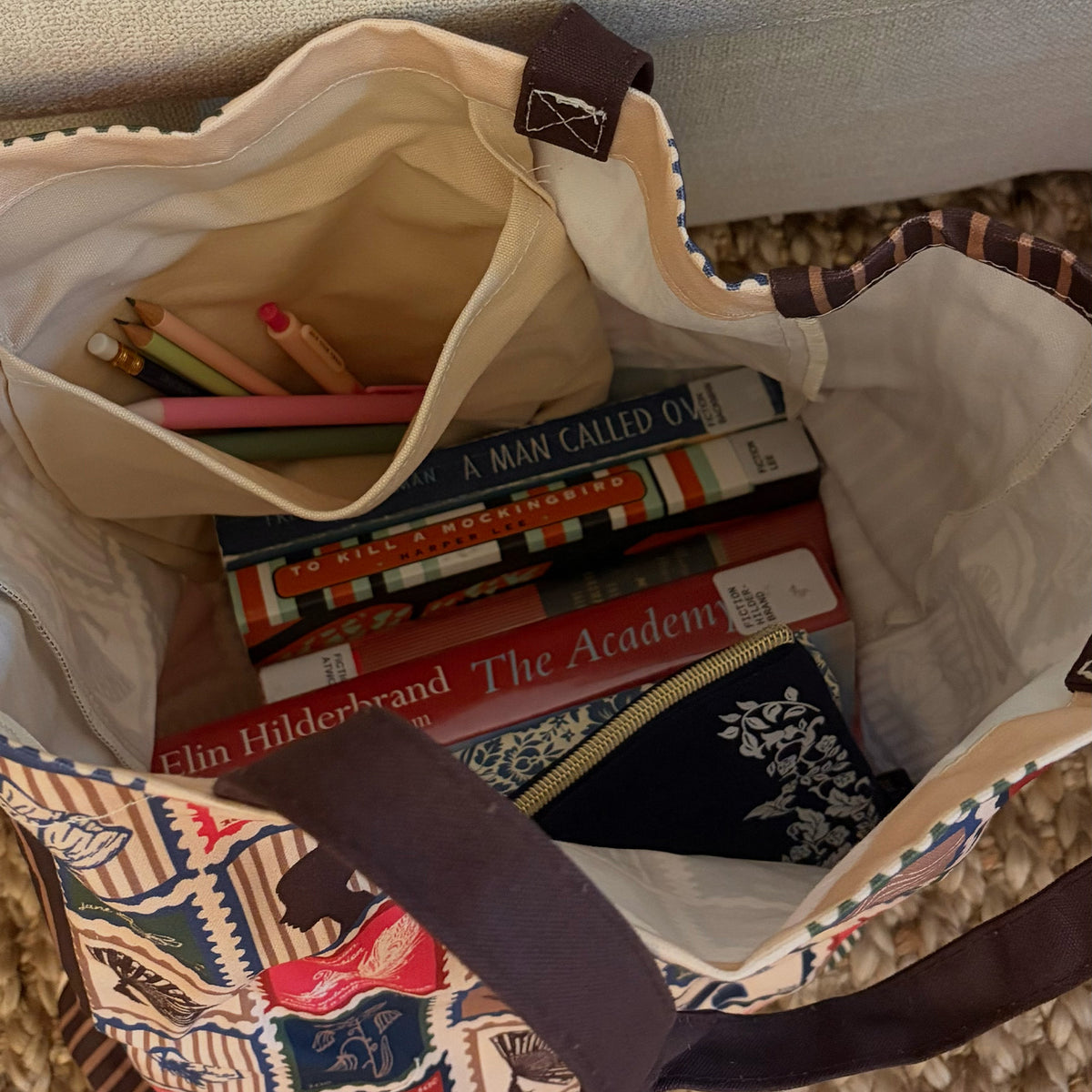 Jane Austen Tote Bag filled with library books and writing supplies