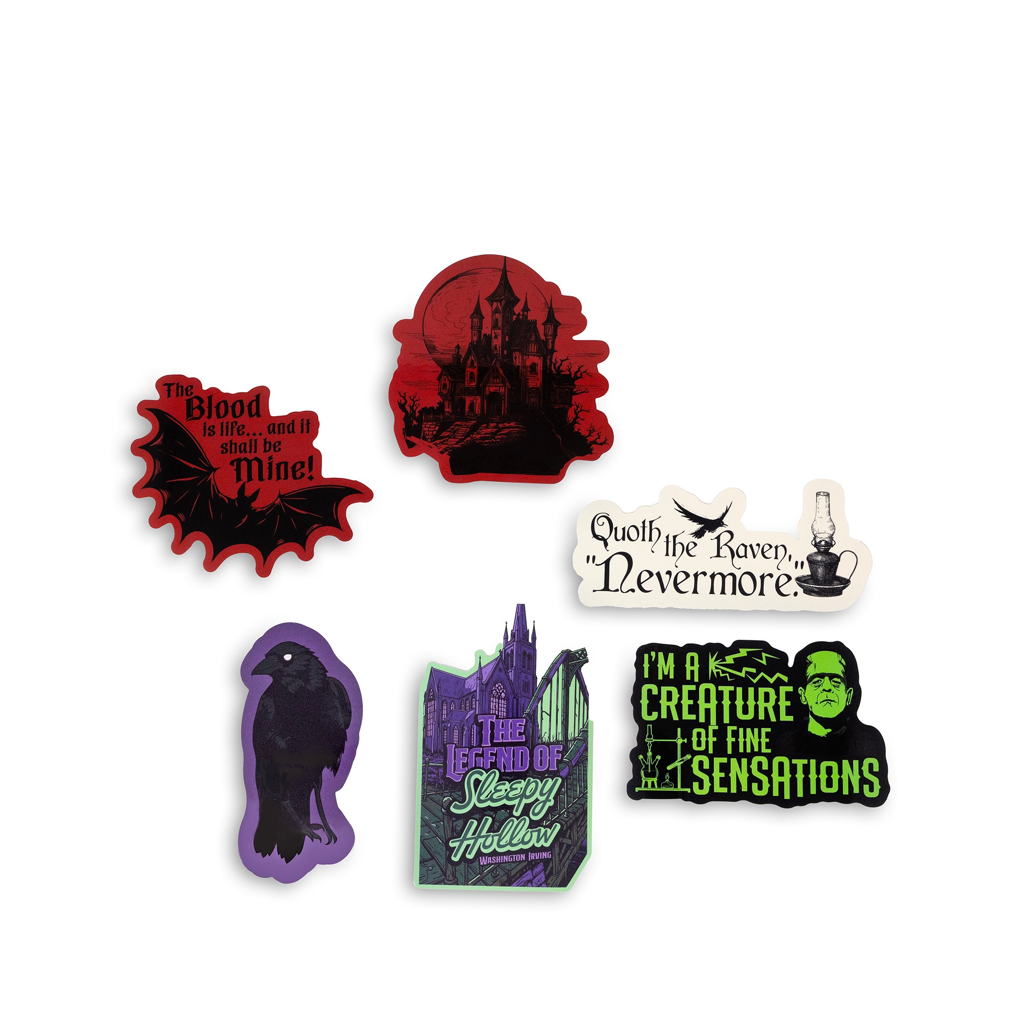 Set of Halloween-themed stickers with various designs on a white background