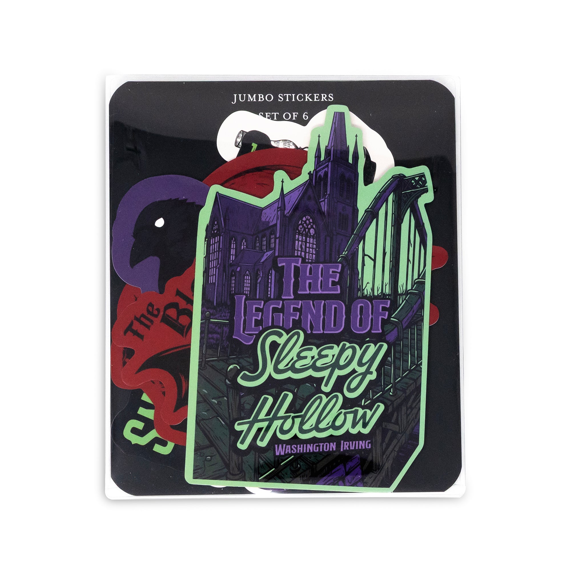 Sticker pack for 'The Legend of Sleepy Hollow' with a spooky castle design on a black background.