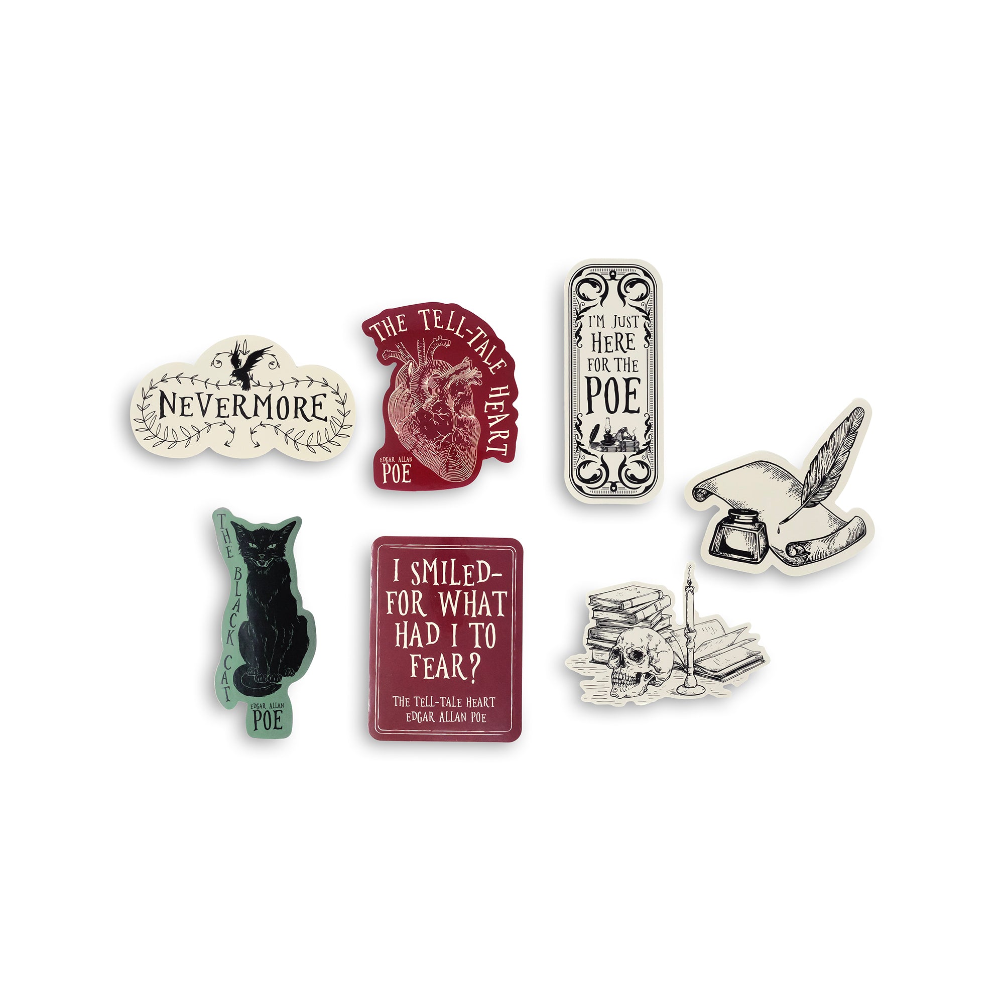 Set of literary-themed stickers on a white background