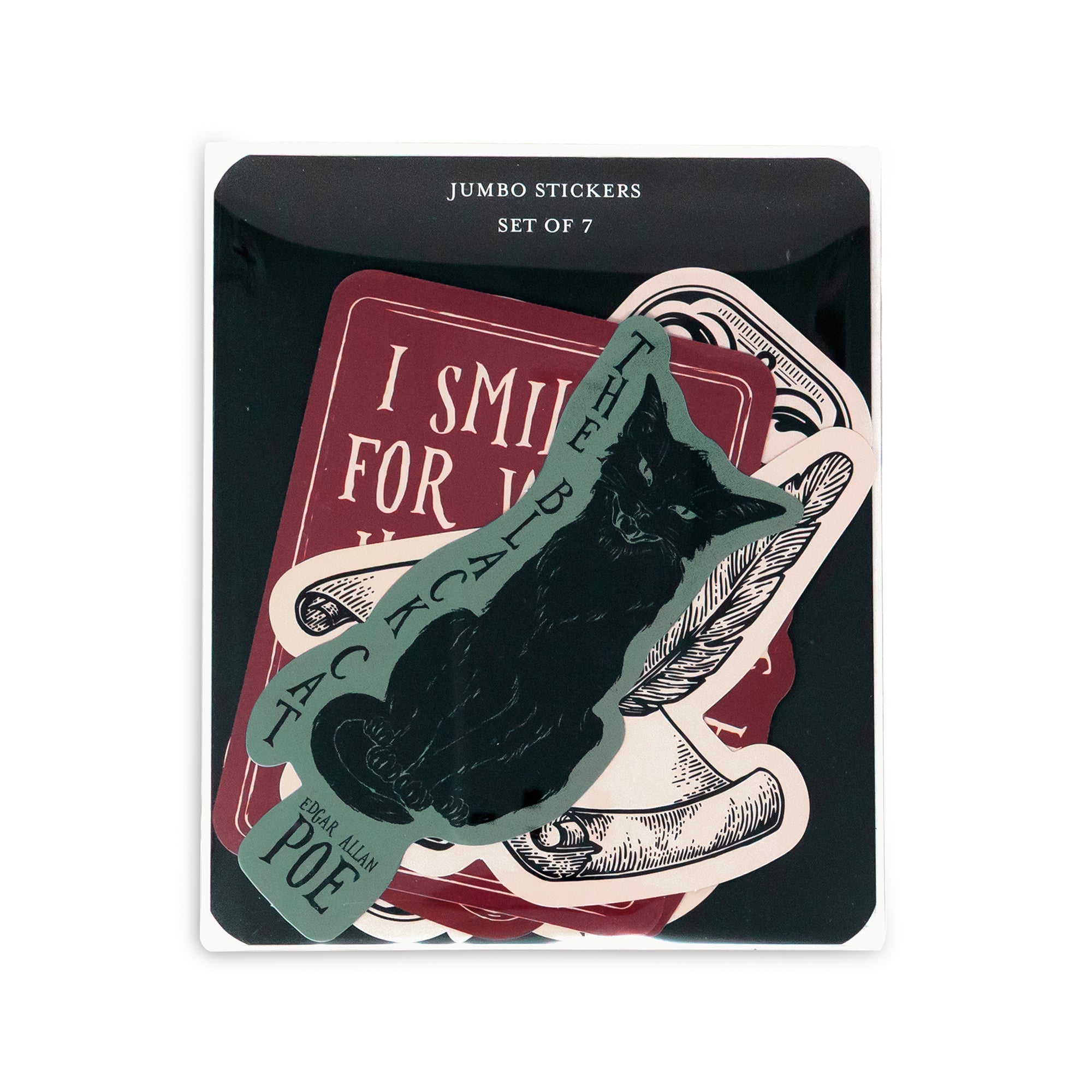 Set of jumbo stickers with a black cat design and text on a black card packaging.