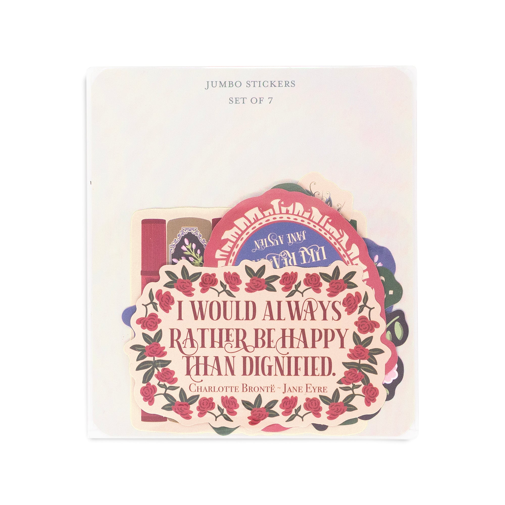 Packaging of jumbo stickers with floral design and text on a white background