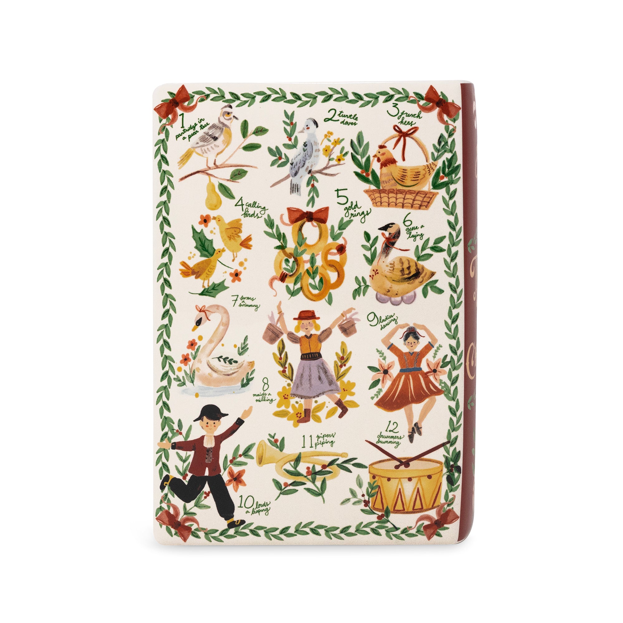 vase with a cream-colored cover decorated with a colorful folk-art illustration of Ukrainian folk dances, birds, a swan, and seasonal motifs, framed by a green leafy border.