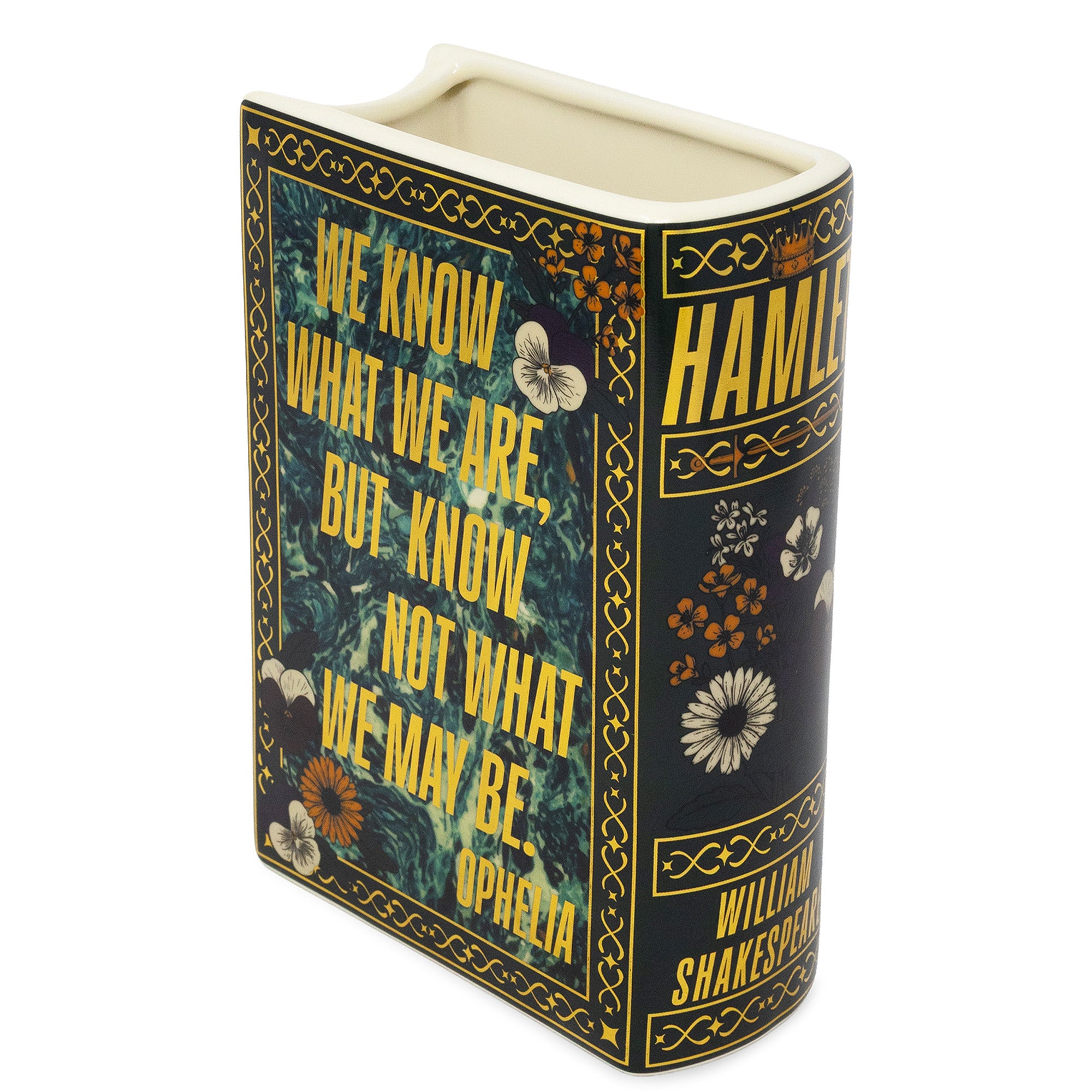 Book-shaped vase with Shakespeare quote and design on a white background