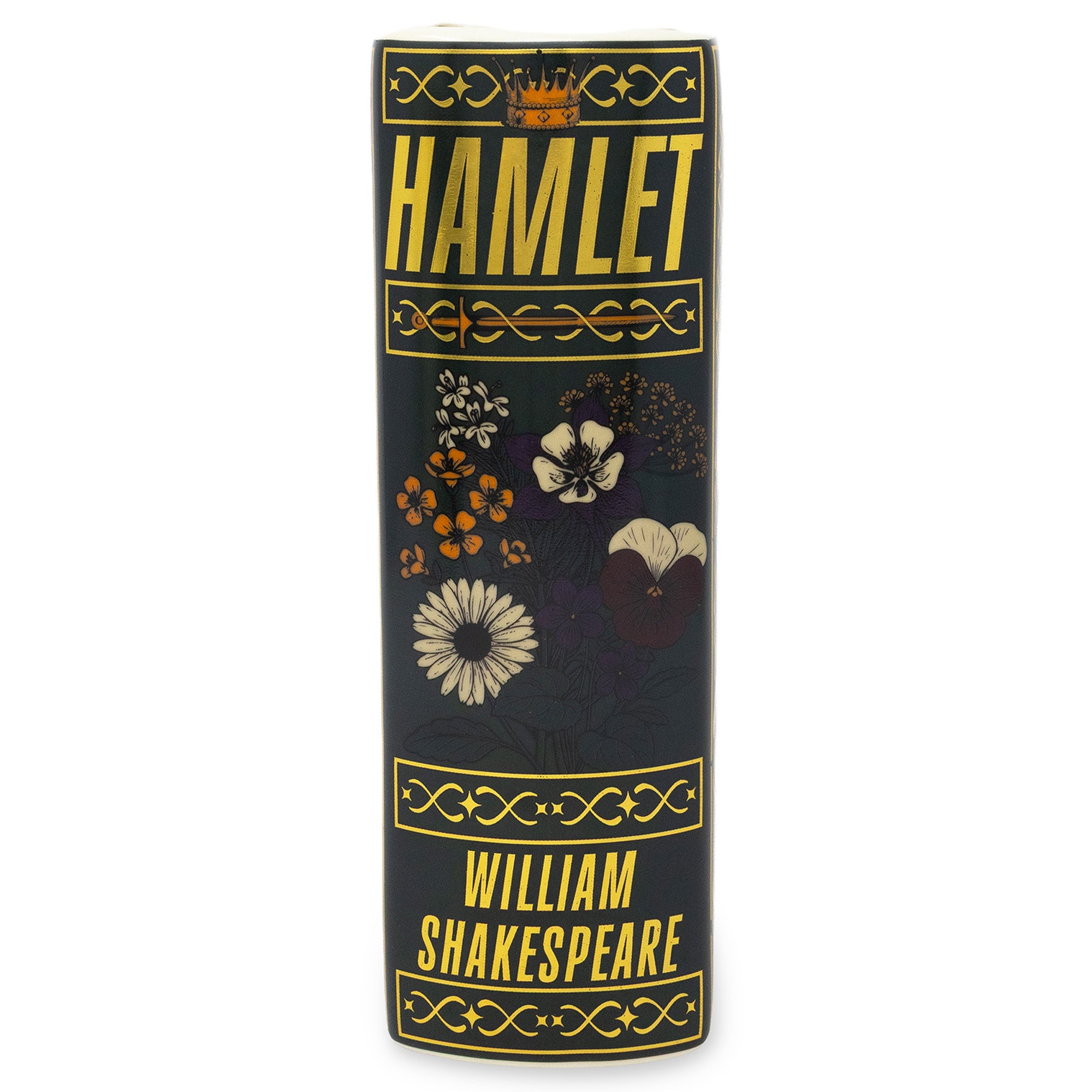 Book cover of 'Hamlet' by William Shakespeare with decorative elements on a white background