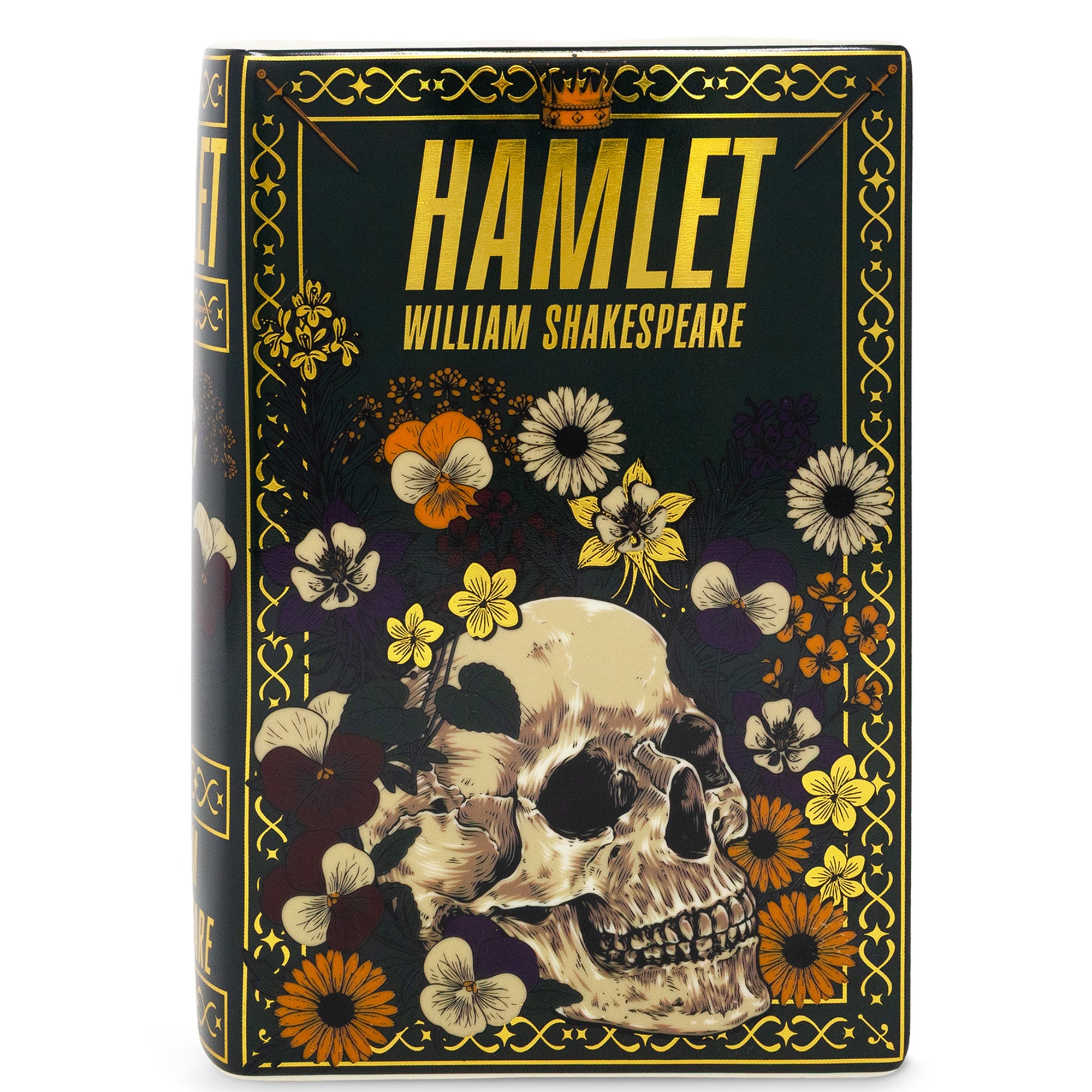 Book cover of 'Hamlet' by William Shakespeare with skull and floral design