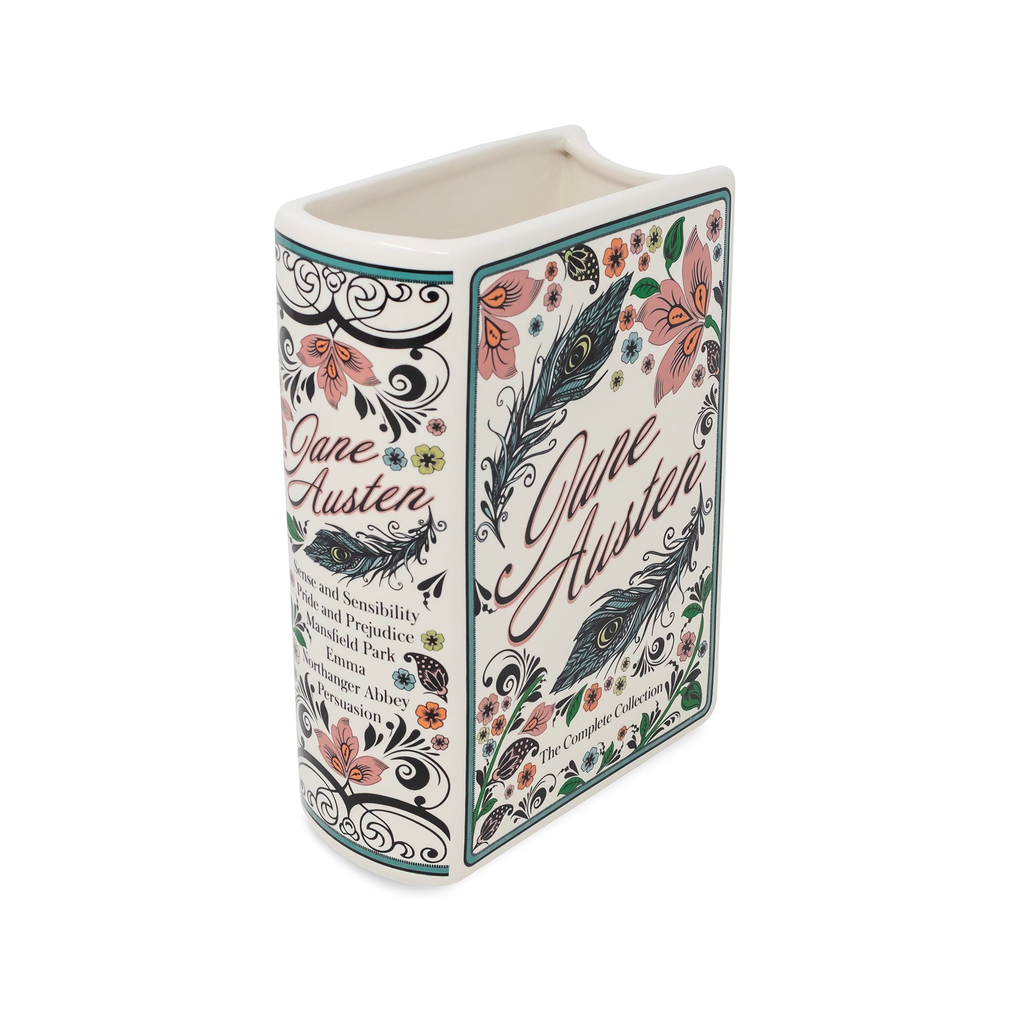 A white ceramic book-shaped vase featuring a detailed illustration of Jane Austen's portrait, floral motifs, and her famous quote, shown on a plain white background.