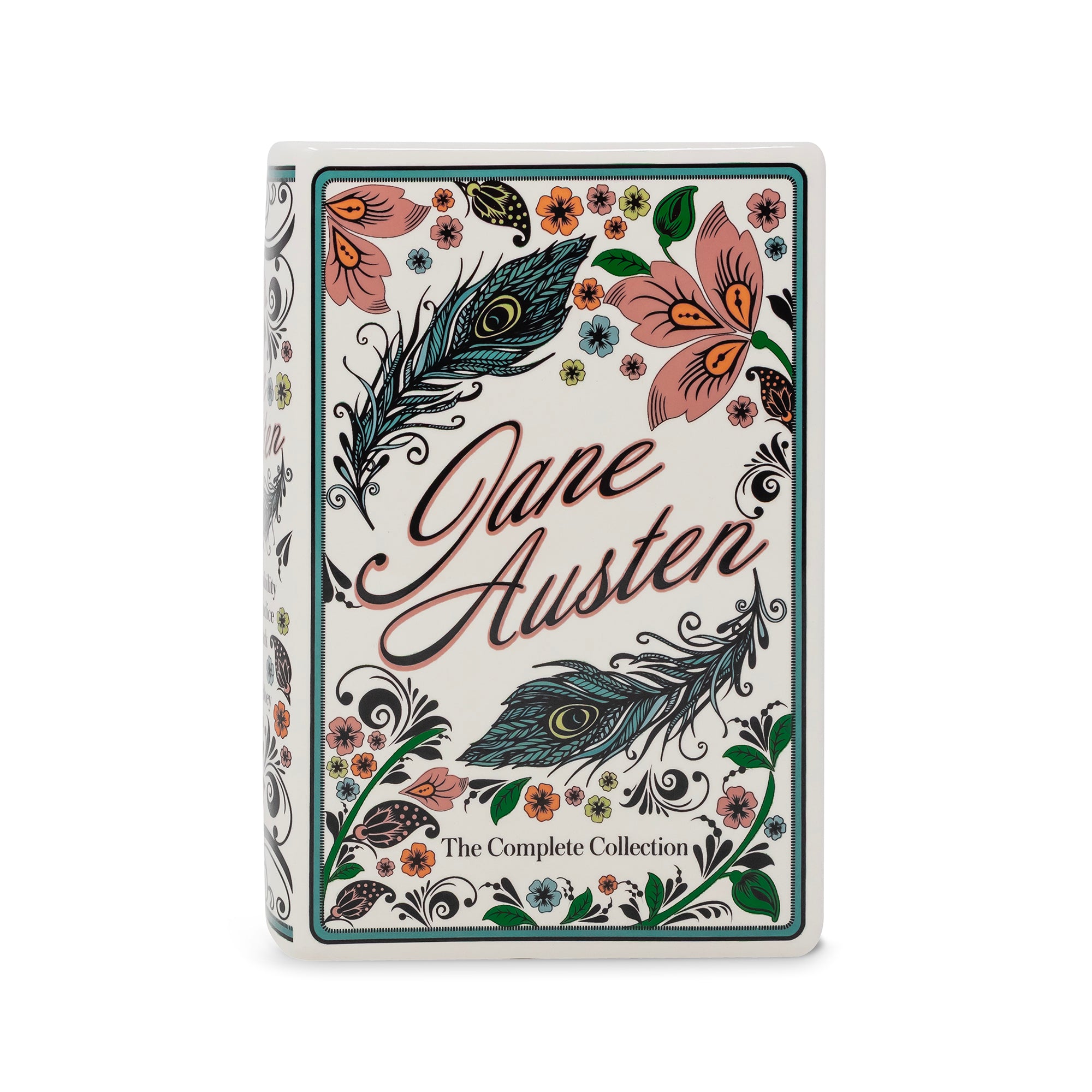 vase titled "Jane Austen: The Complete Collection" with an ornate floral and feather design on a white background.