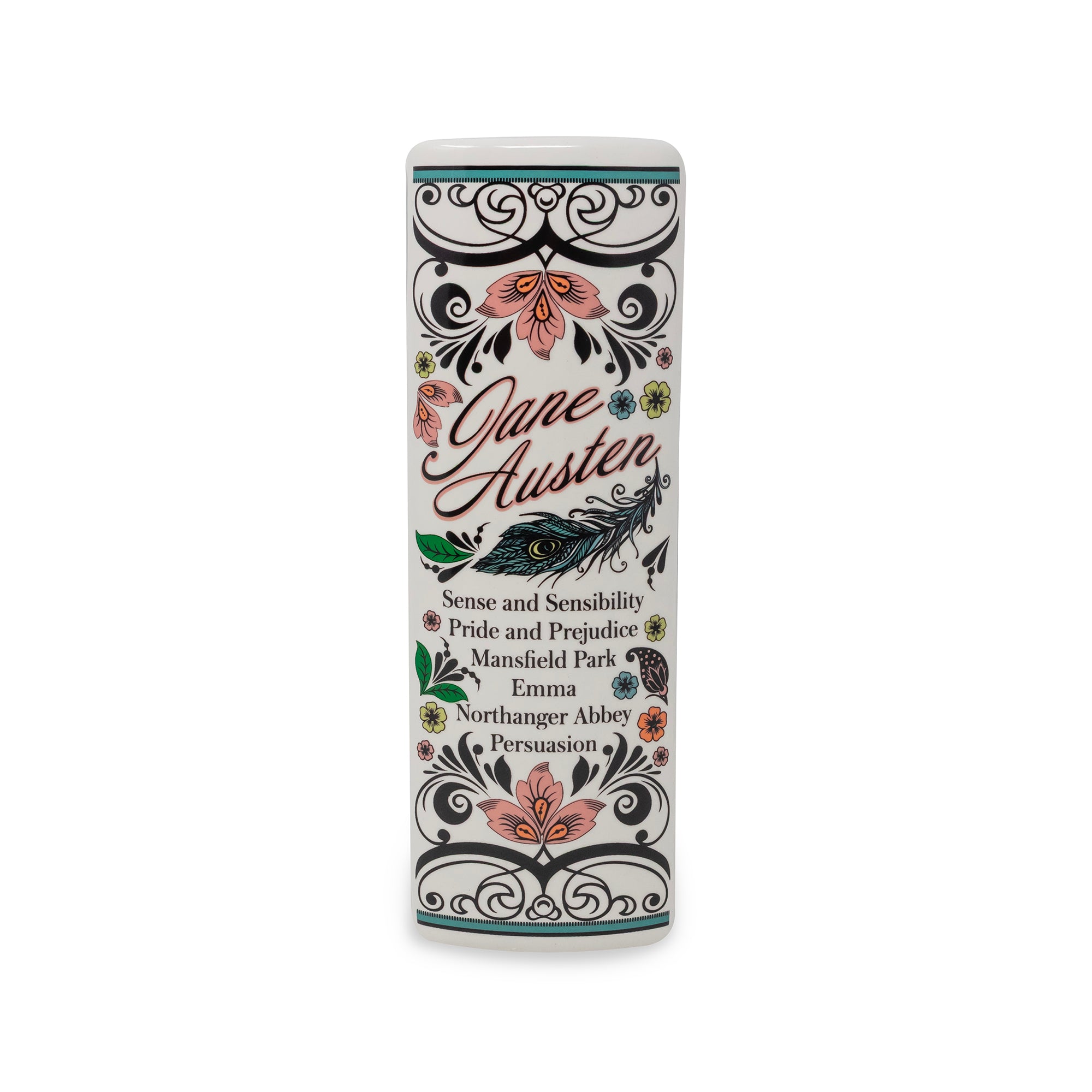 Side view of spine of Jane Austen's 'Sense and Sensibility' with ornate black scrollwork, pink flowers, and a black-and-green bird illustration on a white background.