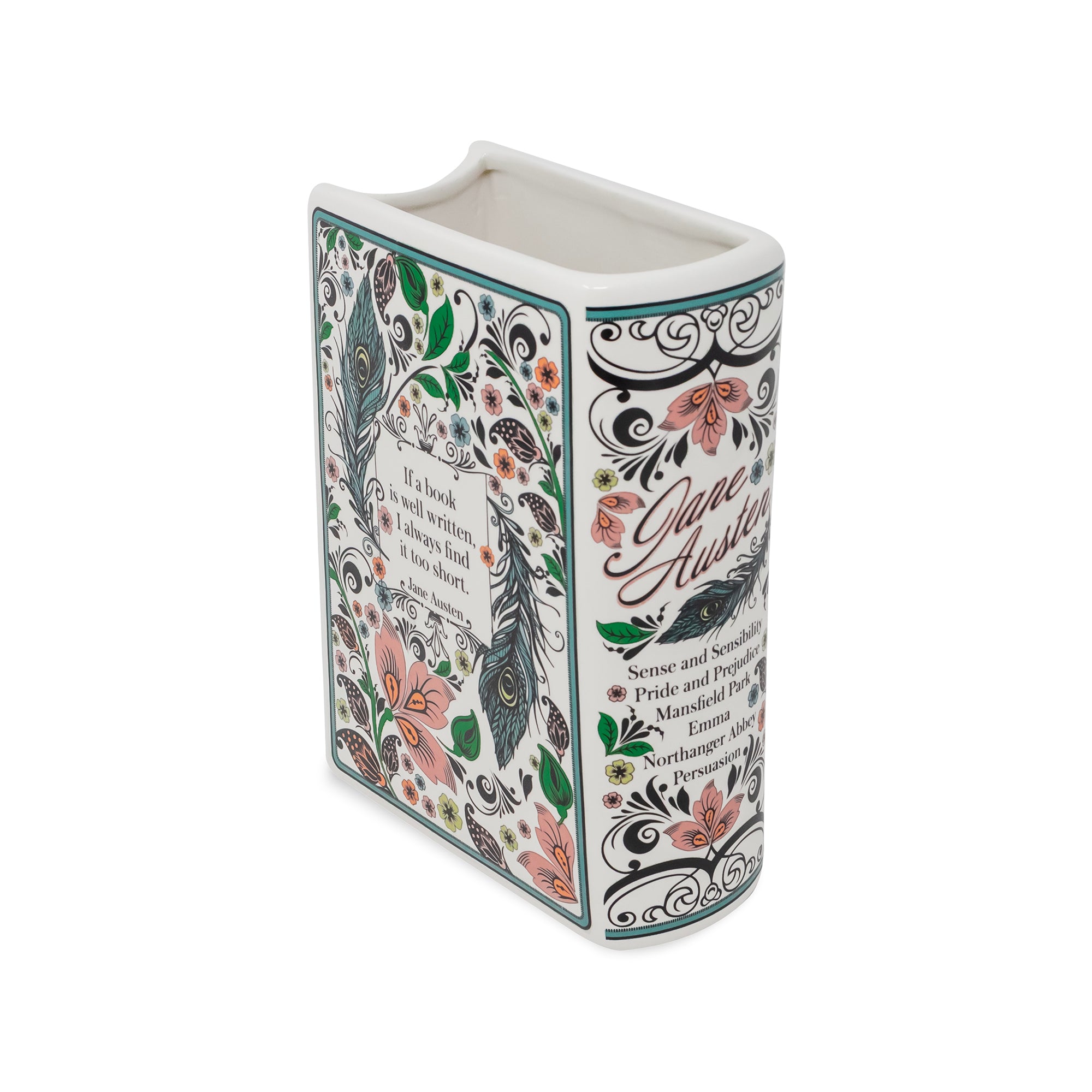 A decorative ceramic book-shaped vase featuring a floral and ornamental illustration