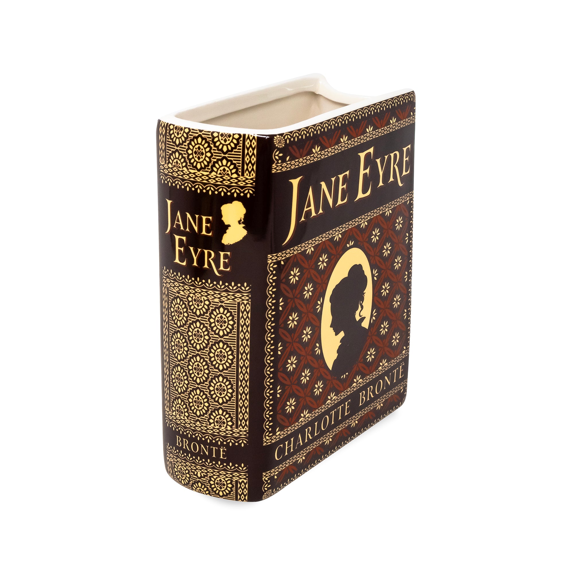 A decorative book-shaped vase featuring Jane Eyre cover art, shown on a plain white background. The design includes a dark brown and black background with ornate gold patterns, the title 'Jane Eyre' on the spine and front, and a gold silhouette portrait.