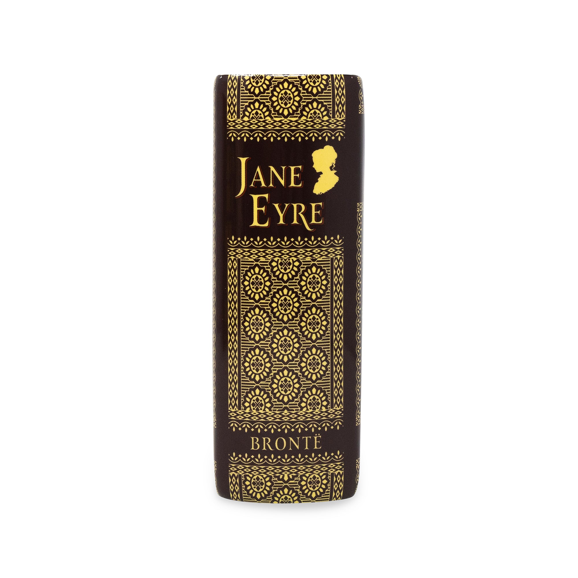 A black book-shaped vase with ornate gold embossed detailing, featuring the title 'Jane Eyre' and the author 'Bronte' on the front, set against a plain white background.