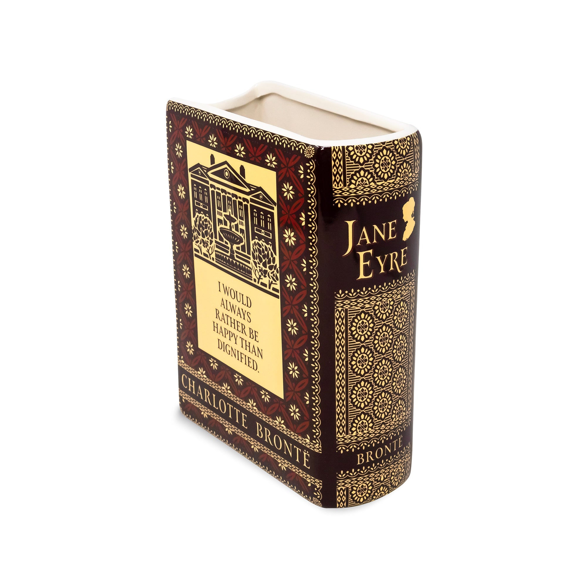 A ceramic book-shaped planter designed to look like Jane Eyre, featuring a dark brown and gold patterned cover with the title 'Jane Eyre' and author 'Charlotte Bronte' printed on it, shown on a plain white background.