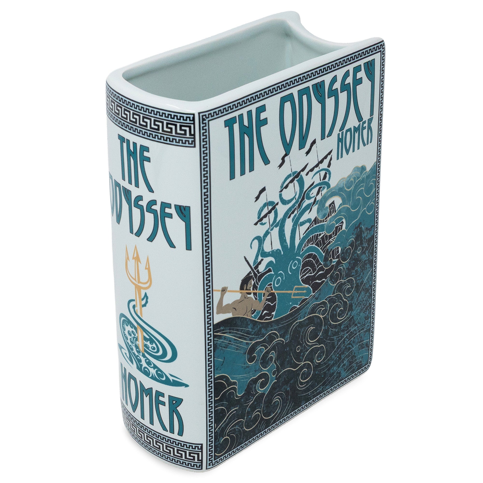 Vase designed like 'The Odyssey' book with classical design elements