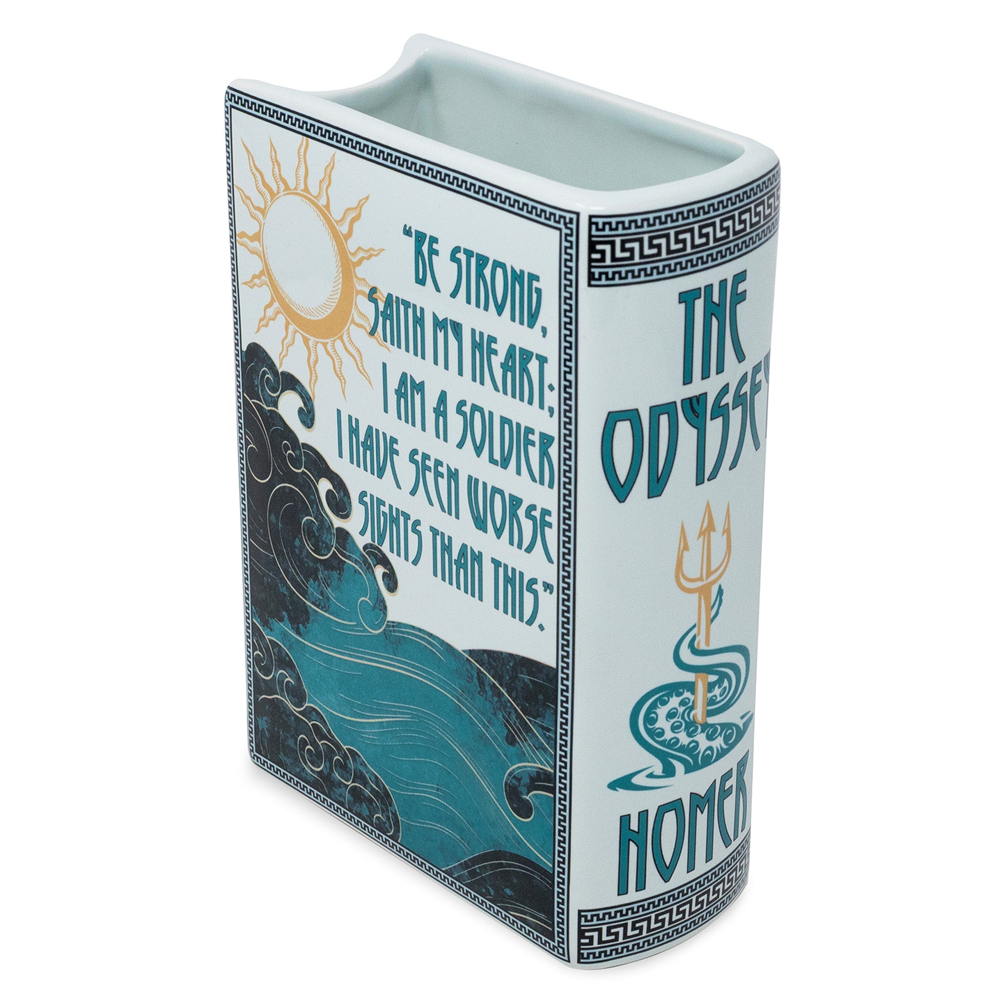 Decorative vase with 'The Odyssey' text and design elements on a white background