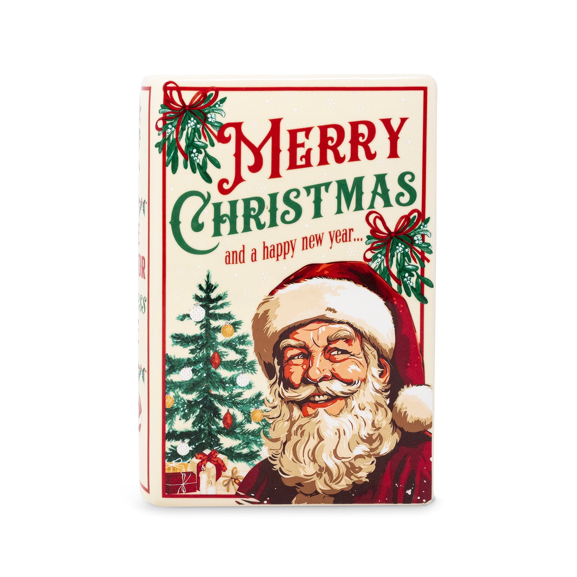 A vintage-style Christmas vase featuring an illustration of Santa Claus, a Christmas tree, and the text 'Merry Christmas and a happy new year.