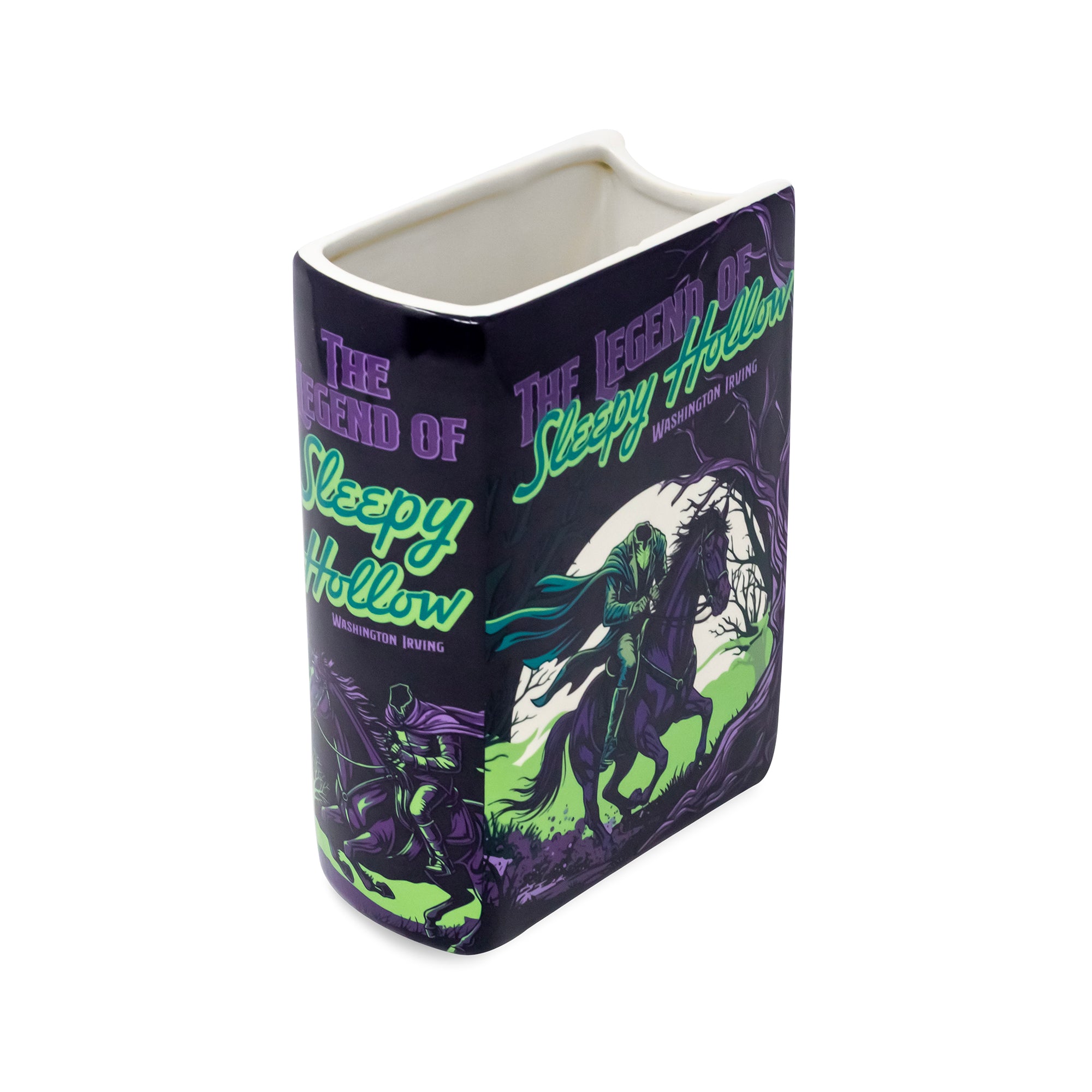 A square ceramic vase featuring 'The Legend of Sleepy Hollow' artwork, with a dark purple and black background, green and purple text, and a graphic of a ghostly figure on a horse.