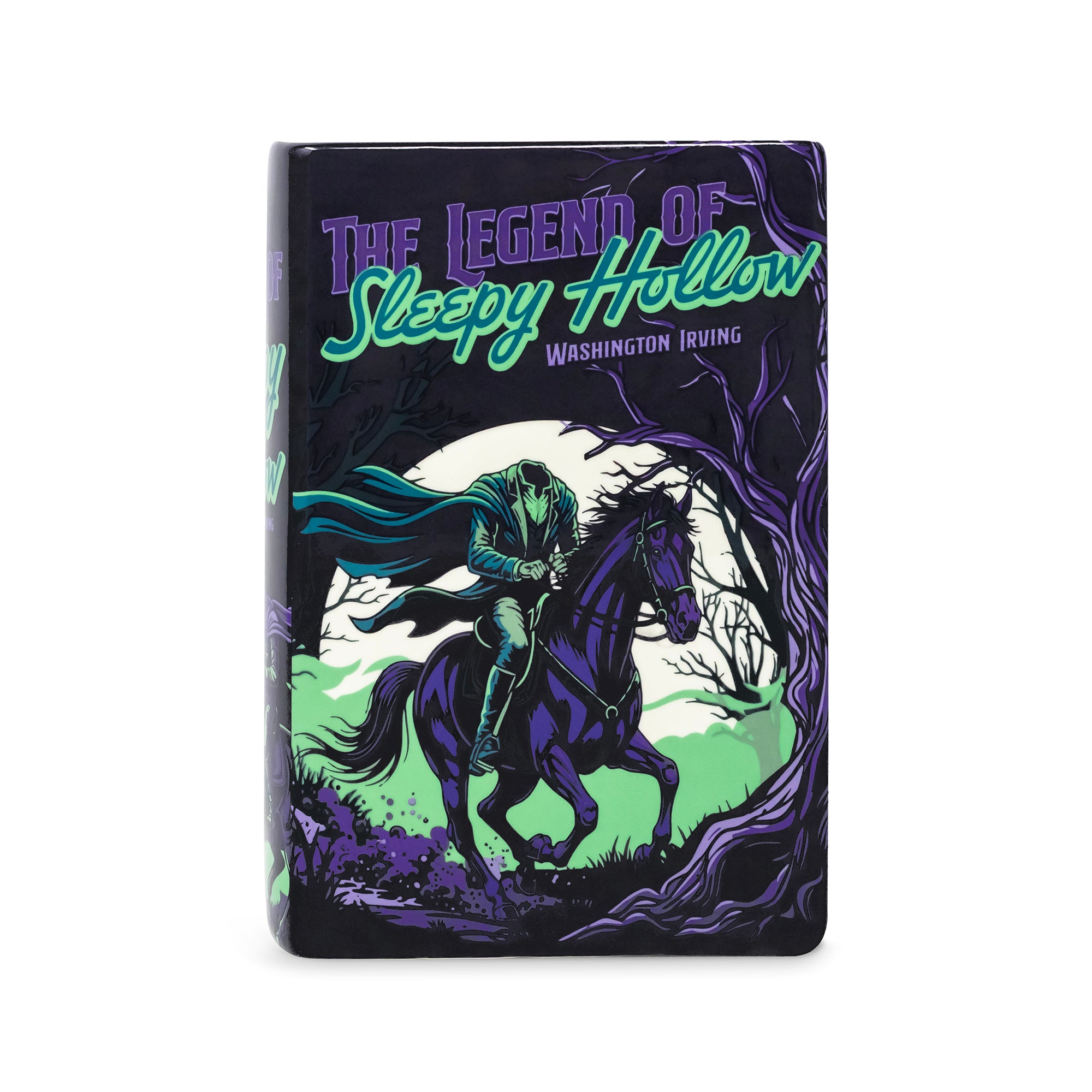 front view of a square ceramic vase featuring 'The Legend of Sleepy Hollow' artwork, with a dark purple and black background, green and purple text, and a graphic of a ghostly figure on a horse.