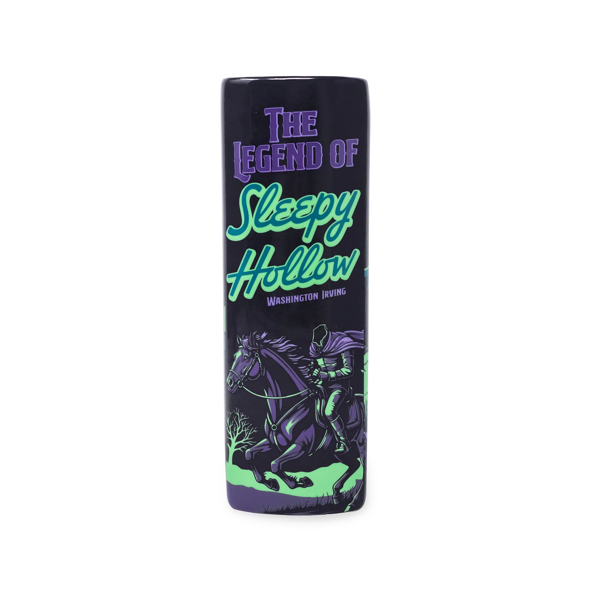 spine of a square ceramic vase featuring 'The Legend of Sleepy Hollow' artwork, with a dark purple and black background, green and purple text, and a graphic of a ghostly figure on a horse.
