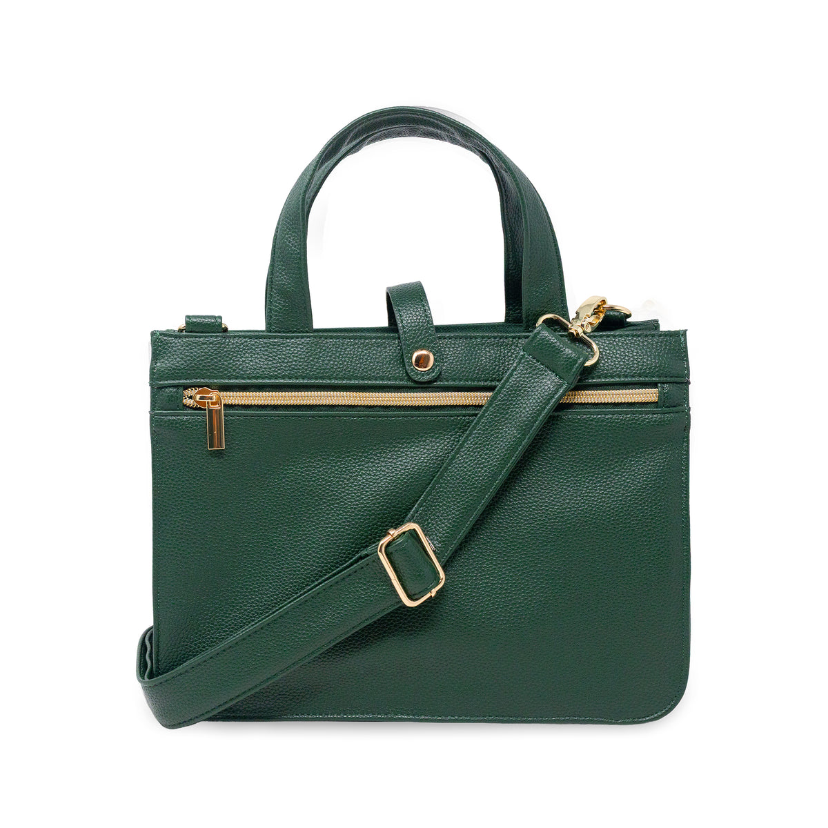 front view of faux leather forest green bible cover with gold hardware and crossbody strap