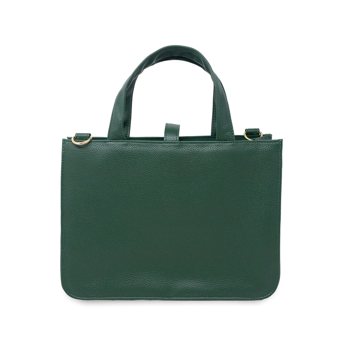 back view of faux leather forest green bible cover with gold hardware and crossbody strap