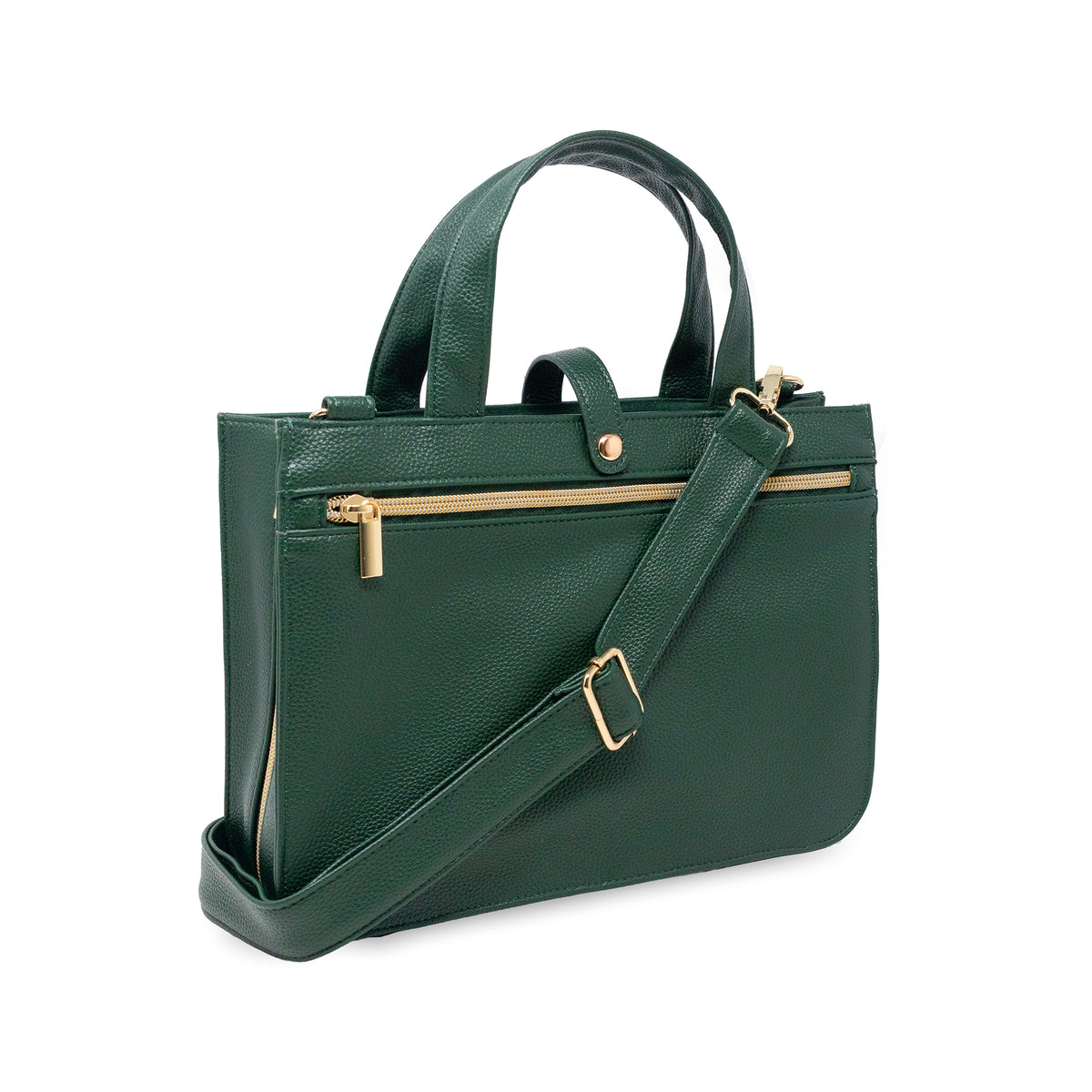 sideview of faux leather forest green bible cover with gold hardware and crossbody strap