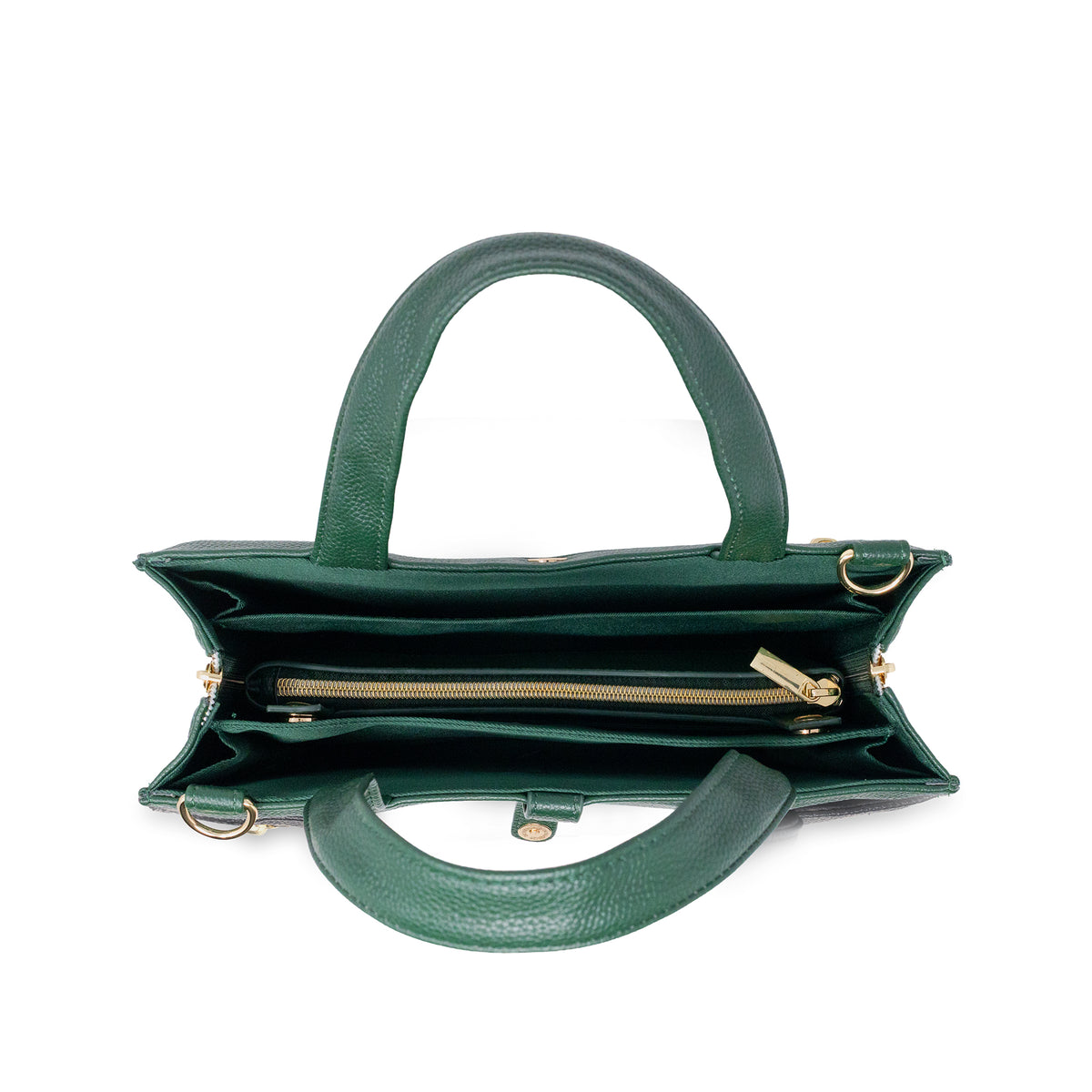 top view of faux leather forest green bible cover with gold hardware and crossbody strap